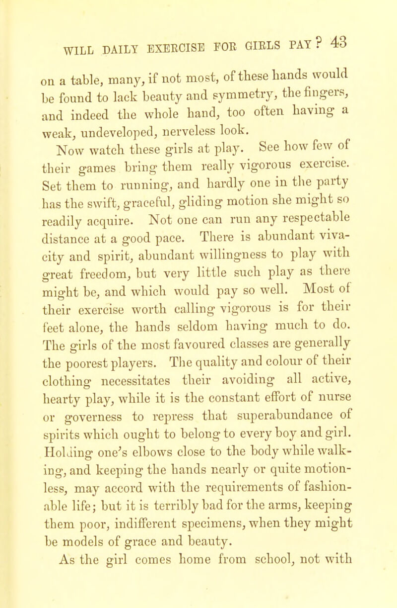 on a table, many, if not most, of these bands would be found to lack beauty and symmetry, the fingers, and indeed the whole hand, too often having a weak, undeveloped, nerveless look. Now watch these girls at play. See how few of their games bring them really vigorous exercise. Set them to running, and hardly one in the party has the swift, graceful, gliding motion she might so readily acquire. Not one can run any respectable distance at a good pace. There is abundant viva- city and spirit, abundant willingness to play with great freedom, but very little such play as there might be, and which would pay so well. Most of their exercise worth calling vigorous is for their feet alone, the hands seldom having much to do. The girls of the most favoured classes are generally the poorest players. The quality and colour of their clothing necessitates their avoiding all active, hearty play, while it is the constant effort of nurse or governess to repress that superabundance of spirits which ought to belong to every boy and girl. Holding one's elbows close to the body while walk- ing, and keeping the hands nearly or quite motion- less, may accord with the requirements of fashion- able life; but it is terribly bad for the arms, keeping tbem poor, indifferent specimens, when they might be models of grace and beauty. As the girl comes home from school, not with