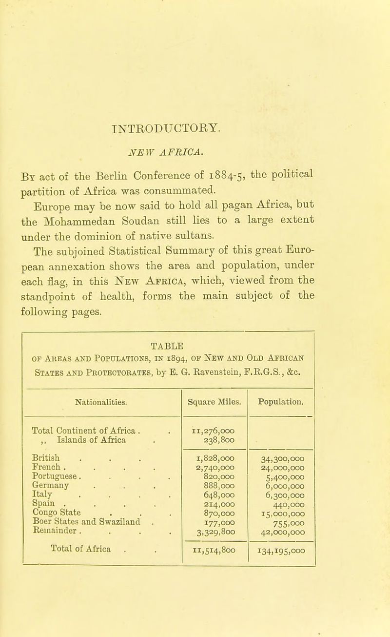 INTRODUCTORY. ^V^IF AFRICA. By act of the Berlin Conference of 1884-5, political partition of Africa was consummated. Europe may be now said to hold all pagan Africa, but the Mohammedan Soudan still lies to a large extent under the dominion of native sultans. The subjoined Statistical Summary of this great Euro- pean annexation shows the area and population, under each flag, in this New Africa, which, viewed from the standpoint of health, forms the main subject of the following pages. TABLE OF Akeas and Populations, in 1894, of New and Old African States and Protectoeates, by E. G. Ravensteiu, F.R.G.S., &c. Nationalities. Square Miles. Population. Total Continent of Africa . ,, Islands of Africa Britisli French .... Portuguese.... Germany Italy .... Spain .... Congo State Boer States and Swaziland , Remainder.... Total of Africa . 11,276,000 238,800 1,828,000 2,740,000 820,000 888,000 648,000 214,000 870,000 177,000 3,329,800 34,300,000 24,000,000 5,400,000 6,000,000 6,300,000 440,000 15,000,000 7SS.OOO 42,000,000 11,514,800 i34,i9S>ooo
