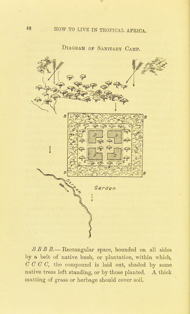 Diagram op Sanitary Camp. BBBB.— Rectangular space, bounded on all sides by a belt of native bush, or plantation, within which, C C G C, the compound is laid out, shaded by some native trees left standing, or by those planted. A thick matting of grass or herbage should cover soil.