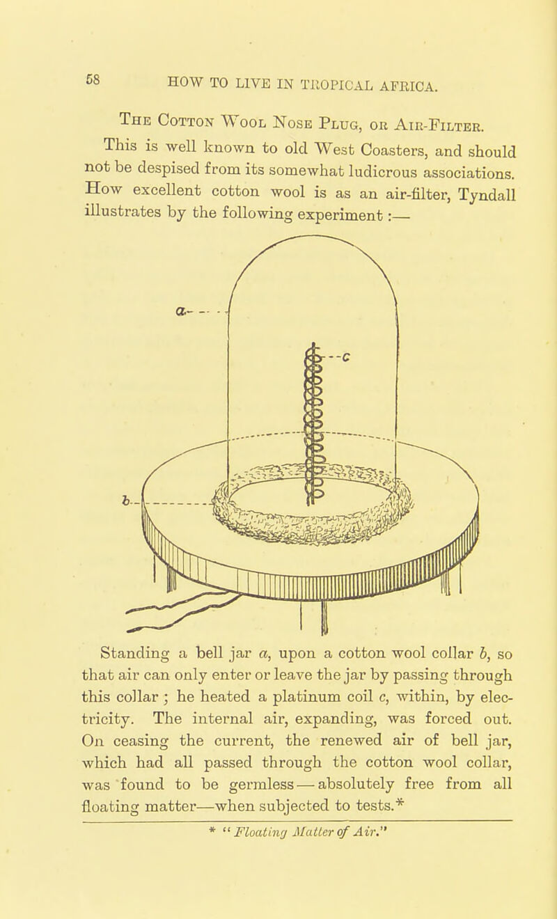The Cotton Wool Nose Plug, or Air-Filter. This is well known to old West Coasters, and should not be despised from its somewhat ludicrous associations. How excellent cotton wool is as an air-filter, Tyndall illustrates by the following experiment: Standing a bell jar a, upon a cotton wool collar b, so that air can only enter or leave the jar by passing through this collar ; he heated a platinum coil c, within, by elec- tricity. The internal air, expanding, was forced out. On ceasing the current, the renewed air of bell jar, which had aU passed through the cotton wool collar, was found to be germless — absolutely free from all floating matter—when subjected to tests.* * Floating Matter of Air.