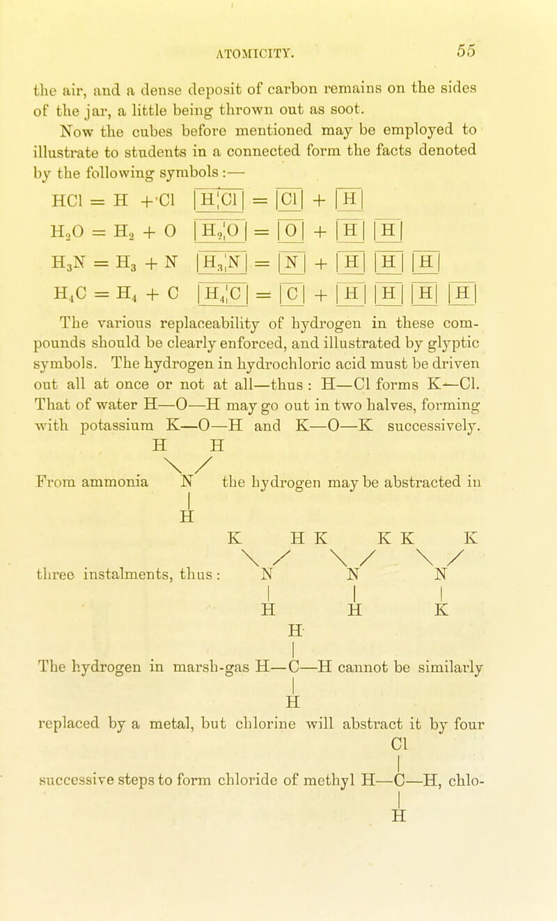 J ATOMICITY. 55 the air, and a dense deposit of carbon remains on the sides of the jar, a little being thrown out as soot. Now the cubes before mentioned may be employed to illustrate to students in a connected form the facts denoted by the following symbols :— HCl = H +'C1 H CI CI + H H2O = H., + 0 H3K = H3 + N H4C = H4 + C H'O 0 + H H H H H h;cI = IcI + IhI ij^i |h| [h The various replaoeability of hydrogen in these com- pounds should be clearly enforced, and illustrated by glyptic symbols. The hydrogen in bydrochloric acid must be driven out all at once or not at all—thus : H—CI forms K-^Cl. That of water H—0—H may go out in two halves, forming with potassium K—0—H and K—0—K successively. H H From ammonia N the hydrogen maybe abstracted in H K H K K K K \ / \ / \ / three instalments, thus : N N H 1 H 1 K H The hydrogen in marsh-gas H—C—H cannot be similarly H replaced by a metal, but chlorine will abstract it by four CI successive steps to form chloride of methyl H—C—H, chlo- I H