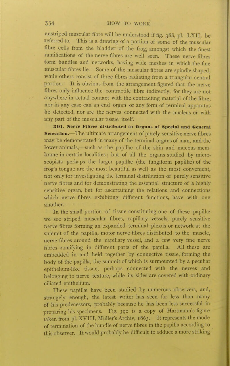 unstriped muscular fibre will be understood if fig. 388, pi. LXII, be referred to. This is a drawing of a portion of some of the muscular fibre cells from the bladder of the frog, amongst which the finest ramifications of the nerve fibres are well seen. These nerve fibres form bundles and networks, having wide meshes in which the fine muscular fibres lie. Some of the muscular fibres are spindle-shaped, while others consist of three fibres radiating from a triangular central portion. It is obvious from the arrangement figured that the nerve fibres only influence the contractile fibre indirectly, for they are not anywhere in actual contact with the contracting material of the fibre, nor in any case can an end organ or any form of terminal apparatus be detected, nor are the nerves connected with the nucleus or with any part of the muscular tissue itself. 391. Nerve Fibres distributed to Organs of Special and General Sensation.—The ultimate arrangement of purely sensitive nerve fibres may be demonstrated in many of the terminal organs of man, and the lower animals,—such as the papillae of the skin and mucous mem- brane in certain localities; but of all the organs studied by micro- scopists perhaps the larger papillae (the fungiform papillae) of the frog's tongue are the most beautiful as well as the most convenient, not only for investigating the terminal distribution of purely sensitive nerve fibres and for demonstrating the essential structure of a highly sensitive organ, but for ascertaining the relations and connections which nerve fibres exhibiting different functions, have \vith one another. In the small portion of tissue constituting one of these papillae we see striped muscular fibres, capillary vessels, purely sensitive nerve fibres forming an expanded terminal plexus or network at the summit of the papilla, motor nerve fibres distributed to the muscle, nerve fibres around the capillary vessel, and a few very fine nerve fibres ramifying in different parts of the papilla. All these are embedded in and held together by connective tissue, forming the body of the papilla, the summit of which is surmounted by a peculiar epithelium-like tissue, perhaps connected with the nerves and belonging to nerve texture, while its sides are covered with ordinary ciliated epithelium. These papillae have been studied by numerous observers, and, strangely enough, the latest writer has seen far less than many of his predecessors, probably because he has been less successful in preparing his specimens. Fig. 390 is a copy of Hartmann's figure taken from pi. XVIII, Miiller's Archiv, 1863. It represents the mode of termination of the bundle of nerve fibres in the papilla according to this observer. It would probably be difficult to adduce a more striking