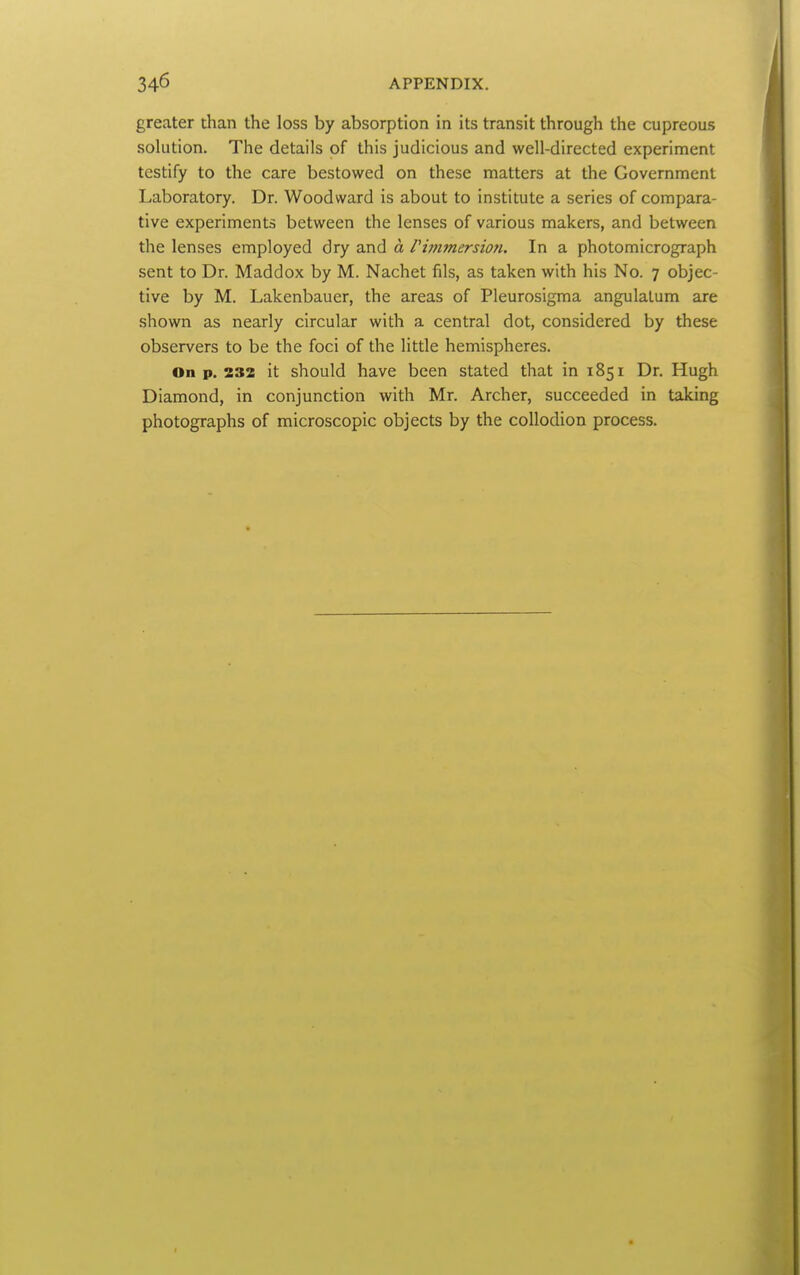 greater than the loss by absorption in its transit through the cupreous solution. The details of this judicious and well-directed experiment testify to the care bestowed on these matters at the Government Laboratory. Dr. Woodward is about to institute a series of compara- tive experiments between the lenses of various makers, and between the lenses employed dry and a rivimersion. In a photomicrograph sent to Dr. Maddox by M. Nachet fils, as taken with his No. 7 objec- tive by M. Lakenbauer, the areas of Pleurosigma angulatum are shown as nearly circular with a central dot, considered by these observers to be the foci of the little hemispheres. On p. 232 it should have been stated that in 1851 Dr. Hugh Diamond, in conjunction with Mr. Archer, succeeded in taking photographs of microscopic objects by the collodion process.