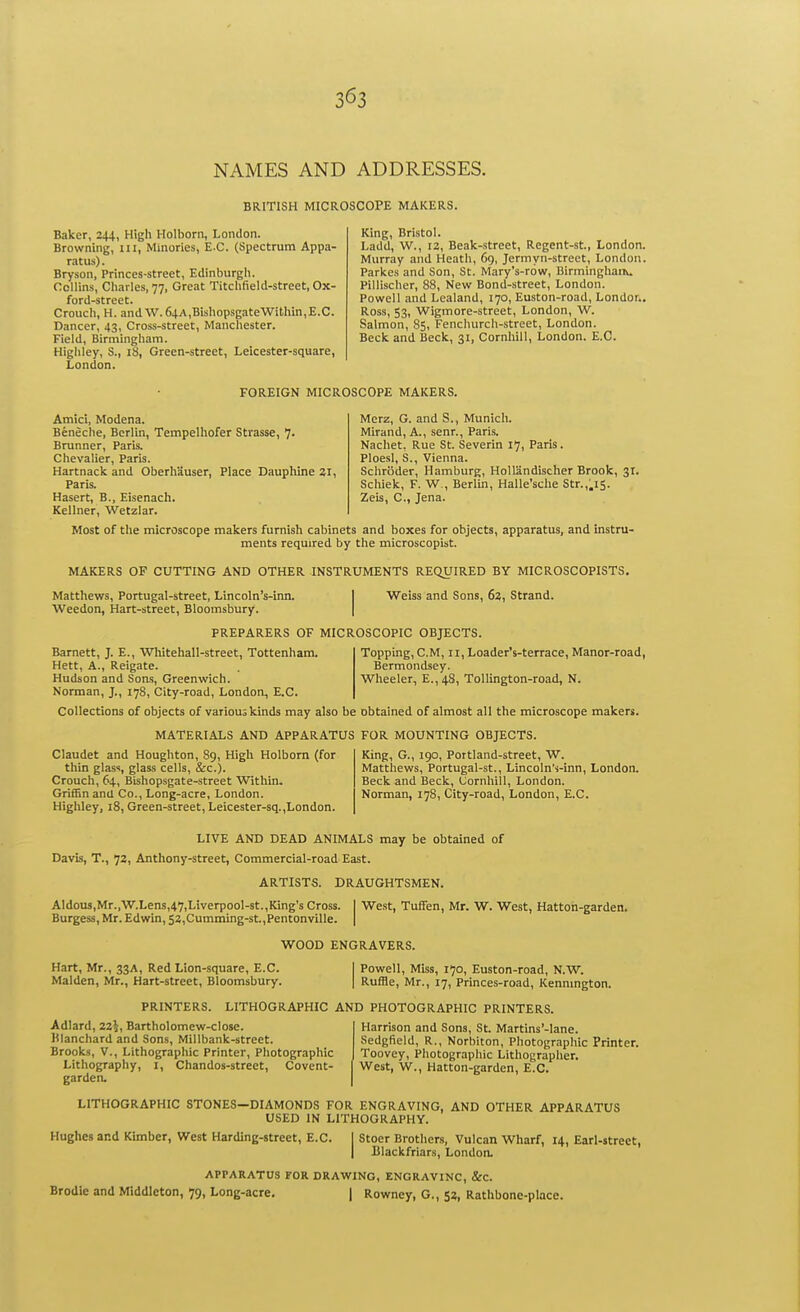 3^3 NAMES AND ADDRESSES. BRITISH MICROSCOPE MAKERS. Baker, 244, High Holborn, London. Browning, iii, Minories, E.G. (Spectrum Appa- ratus). Bryson, Princes-street, Edinburgh. Collins, Charles, 77, Great Titchfield-street, Ox- ford-street. Crouch, H. andW. 64A,BishopsgateWithin,E.C. Dancer, 43, Cross-street, Manchester. Field, Birmingham. Higliley, S., 18, Green-street, Leicester-square, London. King, Bristol. Ladd, W., 12, Beak-street, Regent-st, London. Murray and Heath, 69, Jermyn-street, London. Parkes and Son, St. Mary's-row, Birmingliatiu Pillischer, 88, New Bond-street, London. Powell and Lealand, 170, Euston-road, Londor.. Ross, 53, Wigmore-street, London, W. Salmon, 85, Fenchurch-street, London. Beck and Beck, 31, Cornhill, London. E.G. FOREIGN MICROSCOPE MAKERS. Amici, Modena. Beneche, Berlin, Tempelhofer Strasse, 7. Brunner, Paris. Chevalier, Paris. Hartnack and Oberhauser, Place Dauphine 21, Paris. Hasert, B., Eisenach. Kellner, Wetzlar. Merz, G. and S., Munich. Mirand, A., senr., Paris. Nachet, Rue St. Severin 17, Paris. Ploesl, S., Vienna. Schroder, Hamburg, Hollandischer Brook, 31. Schiek, F. W., Berlin, Halle'sche Str.,.iS. Zeis, C, Jena. Most of the microscope makers furnish cabinets and boxes for objects, apparatus, and instru- ments required by the microscopist. MAKERS OF CUTTING AND OTHER INSTRUMENTS REQUIRED BY MICROSCOPISTS. Matthews, Portugal-street, Lincoln's-inn. Weedon, Hart-street, Bloomsbury. Weiss and Sons, 62, Strand. PREPARERS OF MICROSCOPIC OBJECTS. Topping, CM, II,Loader's-terrace, Manor-road, Bermondsey. Wheeler, £.,48, Tollington-road, N. Bamett, J. E., Wlutehall-street, Tottenham. Hett, A., Reigate. Hudson and Sons, Greenwich. Norman, J., 178, City-road, London, E.C. Collections of objects of various kinds may also be obtained of almost all the microscope makers. MATERIALS AND APPARATUS FOR MOUNTING OBJECTS. Claudet and Houghton, 89, High Holborn (for thin glas-!, glass cells, &c.). Crouch, 64, Bishopsgate-street Within, GrifBn and Co., Long-acre, London. Highley, 18, Green-street, Leicester-sq.,London. King, G., 190, Portland-street, W. Matthews, Portugal-st., Lincoln's-inn, London. Beck and Beck, (Jornhill, London. Norman, 178, City-road, London, E.C. LIVE AND DEAD ANIMALS may be obtained of Davis, T., 72, Anthony-street, Commercial-road East. ARTISTS. DRAUGHTSMEN. Aldous,Mr.,W.Lens,47,Liverpool-st.,King's Cross. | West, TufFen, Mr. W. West, Hattoh-garden. Burgess, Mr. Edwin, S2,Cumming-st.,Pentonville. | WOOD ENGRAVERS. Hart, Mr., 33A, Red Lion-square, E.C. Maiden, Mr., Hart-street, Bloomsbury. Powell, Miss, 170, Euston-road, N.W. Ruffle, Mr., 17, Princes-road, Kenmngton. PRINTERS. LITHOGRAPHIC AND PHOTOGRAPHIC PRINTERS, Adlard, 22J, Bartholomew-close. Klanchard and Sons, Millbank-street. Brooks, v., Lithographic Printer, Photographic Lithography, i, Chandos-street, Covent- garden. Harrison and Sons, St. Martins'-lane. Sedgfield, R., Norbiton, Photographic Printer. Toovey, Photographic Lithographer. West, W., Hatton-garden, E.C. LITHOGRAPHIC STONES-DIAMONDS FOR ENGRAVING, AND OTHER APPARATUS USED IN LITHOGRAPHY. Hughes and Kimber, West Harding-street, E.C. I Stoer Brothers, Vulcan Wharf, 14, Earl-street, I Blackfriars, London. APPARATUS FOR DRAWING, ENGRAVING, &C.