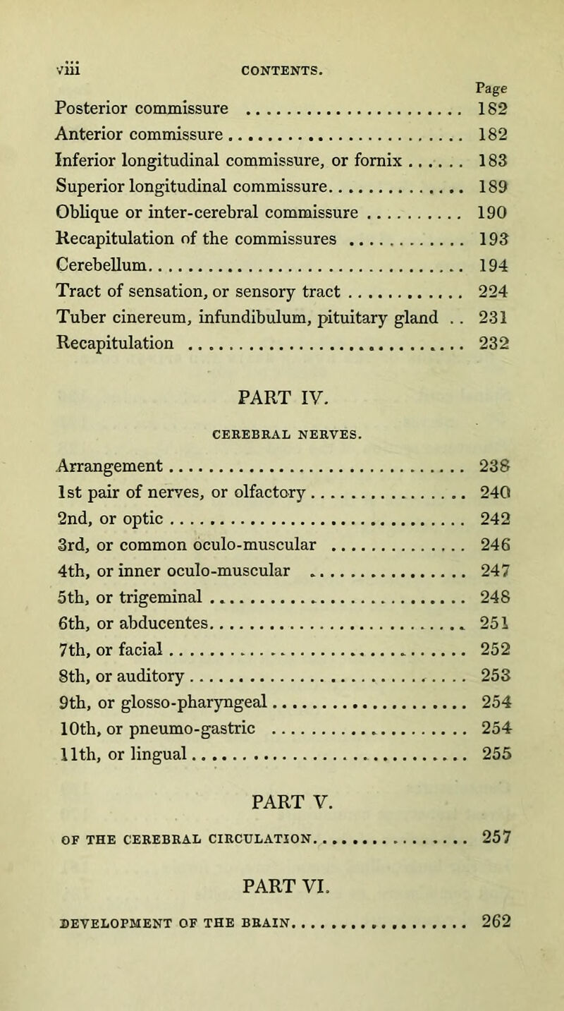 Page Posterior commissure 182 Anterior commissure 182 Inferior longitudinal commissure, or fornix 183 Superior longitudinal commissure 189 Oblique or inter-cerebral commissure 190 Recapitulation of the commissures 193 Cerebellum 194 Tract of sensation, or sensory tract 224 Tuber cinereum, infundibulum, pituitary gland . . 231 Recapitulation 232 PART IV. CEREBRAL NERVES. Arrangement 238 1st pair of nerves, or olfactory 240 2nd, or optic 242 3rd, or common oculo-muscular 246 4th, or inner oculo-muscular 247 5th, or trigeminal 248 6th, or abducentes 251 7th, or facial 252 8th, or auditory 253 9th, or glosso-pharyngeal 254 10th, or pneumo-gastric 254 11th, or lingual 255 PART V. OF THE CEREBRAL CIRCULATION 257 PART VI. DEVELOPMENT OF THE BRAIN 262