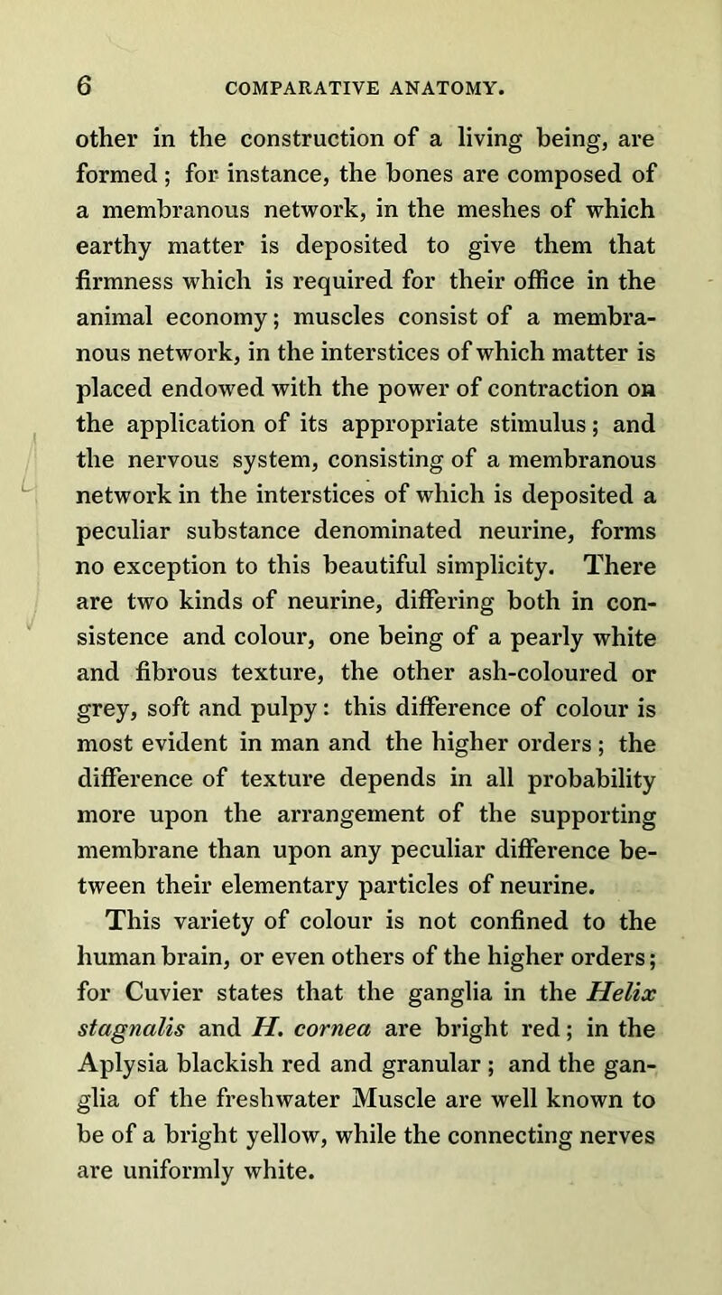 other in the construction of a living being, are formed; for instance, the bones are composed of a membranous network, in the meshes of which earthy matter is deposited to give them that firmness which is required for their office in the animal economy; muscles consist of a membra- nous network, in the interstices of which matter is placed endowed with the power of contraction on the application of its appropriate stimulus; and the nervous system, consisting of a membranous network in the interstices of which is deposited a peculiar substance denominated neurine, forms no exception to this beautiful simplicity. There are two kinds of neurine, differing both in con- sistence and colour, one being of a pearly white and fibrous texture, the other ash-coloured or grey, soft and pulpy: this difference of colour is most evident in man and the higher orders ; the difference of texture depends in all probability more upon the arrangement of the supporting membrane than upon any peculiar difference be- tween their elementary particles of neurine. This variety of colour is not confined to the human brain, or even others of the higher orders; for Cuvier states that the ganglia in the Helix stagnalis and H. cornea are bright red; in the Aplysia blackish red and granular ; and the gan- glia of the freshwater Muscle are well known to be of a bright yellow, while the connecting nerves are uniformly white.