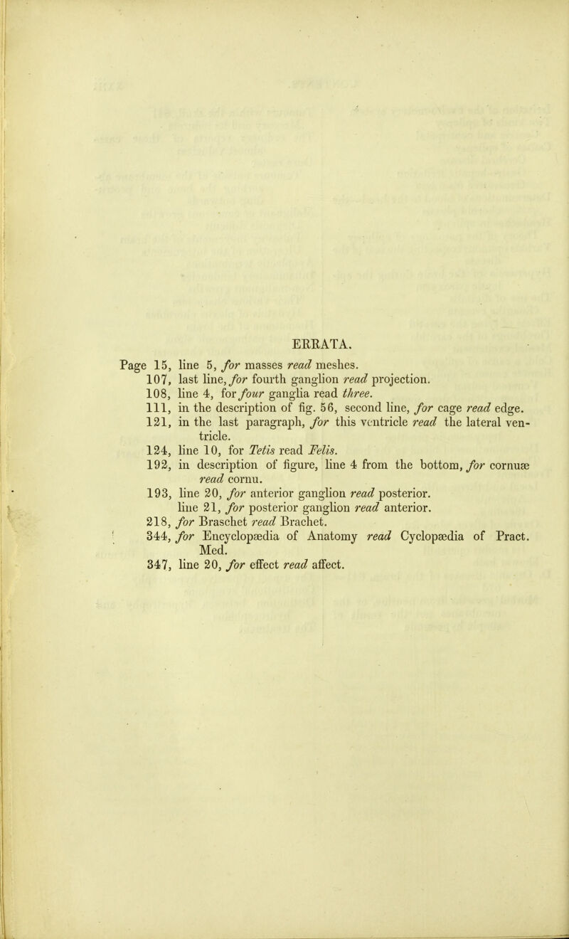 ERRATA. Page 15, line 5, for masses read meshes. 107, last line,/or fourth ganglion rmc? projection. 108, line 4, for four ganglia read three. Ill, in the description of fig. 56, second line, for cage read edge. 121, in the last paragraph, for this ventricle read the lateral ven- tricle. 124, line 10, for Tetis read I'elis. 192, in description of figure, line 4 from the bottom, for cornuae read cornu. 193, line 20, for anterior ganglion rmc? posterior, line 21, for posterior ganglion read anterior. 218, for Braschet read Brachet. 344, for Encyclopaedia of Anatomy read Cyclopaedia of Pract. Med. 347, line 20, for effect read affect.