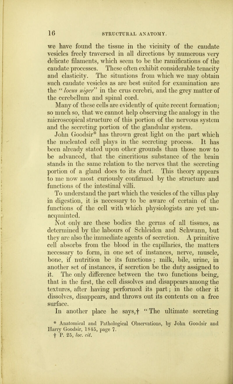 we have found the tissue in the vicinity of the caudate vesicles freely traversed in all directions by numerous very delicate filaments, which seem to be the ramifications of the caudate processes. These often exhibit considerable tenacity and elasticity. The situations from which we may obtain such caudate vesicles as are best suited for examination are the locus niger' in the crus cerebri, and the grey matter of the cerebellum and spinal cord. Many of these cells are evidently of quite recent formation; so much so, that we cannot help observing the analogy in the microscopical structure of this portion of the nervous system and the secreting portion of the glandular system. John Goodsir* has thrown great light on the part which the nucleated cell plays in the secreting process. It has been already stated upon other grounds than those now to be advanced, that the cineritious substance of the brain stands in the same relation to the nerves that the secreting portion of a gland does to its duct. This theory appears to me now most curiously confirmed by the structure and functions of the intestinal villi. To understand the part wdiich the vesicles of the villus play in digestion, it is necessary to be aware of certain of the functions of the cell with which physiologists are yet un- acquainted. Not only are these bodies the germs of all tissues, as determined by the labours of Schleiden and Schwann, but they are also the immediate agents of secretion. A primitive cell absorbs from the blood in the capillaries, the matters necessary to form, in one set of instances, nerve, muscle, bone, if nutrition be its functions ; milk, bile, urine, in another set of instances, if secretion be the duty assigned to it. The only difference between the two functions being, that in the first, the cell dissolves and disappears among the textures, after having performed its part; in the other it dissolves, disappears, and throws out its contents on a free sm^face. In another place he says,t  The ultimate secreting * Anatomical and Patliological Observations, by John Goodsir and Harry Goodsir, 1845, page 7. t P. 25, loc. cit.