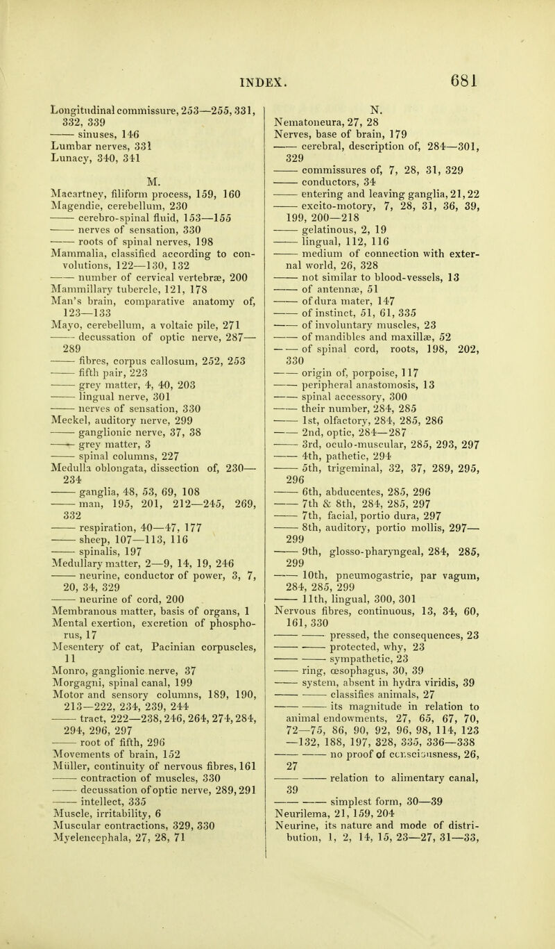 Longitudinal commissure, 253—255, >33l, 332, 339 • sinuses, 146 Lumbar nerves, 331 Lunacy, 340, 341 M. Macartney, filiform process, 159, 160 .^lagendie, cerebellum, 230 cerebro-spinal fluid, 153—155 nerves of sensation, 330 roots of spinal nerves, 198 Mammalia, classified according to con- volutions, 122—130, 132 number of cervical vertebrae, 200 Mammillary tubercle, 121, 178 Man's brain, comparative anatomy of, 123—133 Mayo, cerebellum, a voltaic pile, 271 decussation of optic nerve, 287— 289 fibres, corpus callosum, 252, 253 fifth pair, 223 grey matter, 4, 40, 203 lingual nerve, 301 nerves of sensation, 330 Meckel, auditory nerve, 299 ganglionic nerve, 37, 38 — grey matter, 3 spinal columns, 227 Medulla oblongata, dissection of, 230— 234 ganglia, 48, 53, 69, 108 man, 195, 201, 212—245, 269, 332 respiration, 40—47, 177 sheep, 107—113, 116 spinalis, 197 Medullary matter, 2—9, 14, 19, 246 • neurine, conductor of power, 3, 7, 20, 34, 329 neurine of cord, 200 Membranous matter, basis of organs, 1 Mental exertion, excretion of phospho- rus, 17 Mesentery of cat, Pacinian corpuscles, 11 Monro, ganglionic nerve, 37 Morgagni, spinal canal, 199 Motor and sensory columns, 189, 190, 213—222, 234, 239, 244 tract, 222—238,246, 264, 274,284, 294, 296, 297 root of fifth, 296 Movements of brain, 152 Miiller, continuity of nervous fibres, 161 contraction of muscles, 330 decussation of optic nerve, 289,291 intellect, 335 Muscle, irritability, 6 Muscular contractions, 329, 330 Myelencephala, 27, 28, 71 N. Nematoneura, 27, 28 Nerves, base of brain, 179 cerebral, description of, 284—301, 329 commissures of, 7, 28, 31, 329 conductors, 34 entering and leaving ganglia, 21,22 excito-motory, 7, 28, 31, 36, 39, 199, 200—218 gelatinous, 2, 19 lingual, 112, 116 medium of connection with exter- nal world, 26, 328 not similar to blood-vessels, 13 of antennae, 51 of dura mater, 147 of instinct, 51, 61, 335 of involuntary muscles, 23 of mandibles and maxillae, 52 of spinal cord, roots, 198, 202, 330 origin of, porpoise, 117 peripheral anastomosis, 13 spinal accessory, 300 their number, 284, 285 1st, olfactory, 284, 285, 286 2nd, optic, 284—287 3rd, oculo-muscular, 285, 293, 297 4th, pathetic, 294 5th, trigeminal, 32, 37, 289, 295, 296 6th, abducentes, 285, 296 7th & 8th, 284, 285, 297 7th, facial, portio dura, 297 8th, auditory, portio mollis, 297— 299 9th, glosso-pharyngeal, 284, 285, 299 —— 10th, pneumogastric, par vagum, 284, 285, 299 11th, lingual, 300, 301 Nervous fibres, continuous, 13, 34, 60, 161, 330 pressed, the consequences, 23 protected, why, 23 sympathetic, 23 ring, oesophagus, 30, 39 system, absent in hydra viridis, 39 ■ classifies animals, 27 its magnitude in relation to animal endowments, 27, 65, 67, 70, 72—75, 86, 90, 92, 96, 98, 114, 123 —132, 188, 197, 328, 335, 336—338 no proof of ccr.sci jusness, 26, 27 relation to alimentary canal, 39 simplest form, 30—39 Neurilema, 21, 159, 204 Neurine, its nature and mode of distri- bution, 1, 2, 14, 15, 23—27, 31—33,