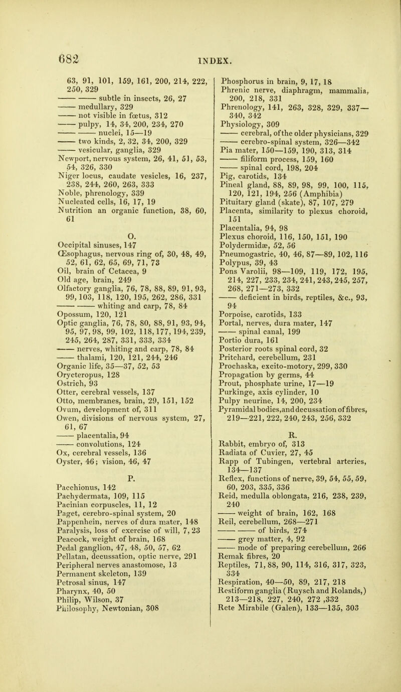 63, 91, 101, 159, 161, 200, 214-, 222, 250, 329 subtle in insects, 26, 27 medullary, 329 not visible in foetus, 312 pulpy, 14, 34, 200, 234, 270 — nuclei, 15—19 two kinds, 2, 32, 34, 200, 329 vesicular, ganglia, 329 Newport, nervous system, 26, 41, 51, 53, 54, 326, 330 Niger locus, caudate vesicles, 16, 237, 238, 244, 260, 263, 333 Noble, phrenology, 339 Nucleated cells, 16, 17, 19 Nutrition an organic function, 38, 60, 61 O. Occipital sinuses, 147 CEsophagus, nervous ring of, 30, 48, 49, 52, 61, 62, 65, 69, 71, 73 Oil, brain of Cetacea, 9 Old age, brain, 249 Olfactory ganglia, 76, 78, 88, 89, 91, 93, 99,103, 118, 120, 195, 262, 286, 331 whiting and carp, 78, 84 Opossum, 120, 121 Optic ganglia, 76, 78, 80, 88, 91, 93, 94, 95, 97, 98, 99, 102, 118,177,194, 239, 245, 264, 287, 331, 333, 334 — nerves, whiting and carp, 78, 84 thalami, 120, 121, 244, 246 Organic life, 35—37, 52, 53 Orycteropus, 128 Ostrich, 93 Otter, cerebral vessels, 137 Otto, membranes, brain, 29, 151, 152 Ovum, development of, 311 Owen, divisions of nervous system, 27, 61, 67 placentalia, 94 convolutions, 124 Ox, cerebral vessels, 136 Oyster, 46; vision, 46, 47 P. Pacchionus, 142 Pachydermata, 109, 115 Pacinian corpuscles, 11, 12 Paget, cerebro-spinal system, 20 Pappenhein, nerves of dura m.ater, 148 Paralysis, loss of exercise of will, 7, 23 Peacock, weight of brain, 168 Pedal ganglion, 47, 48, 50, 57, 62 Pellatan, decussation, optic nerve, 291 Peripheral nerves anastomose, 13 Permanent skeleton, 139 Petrosal sinus, 147 Pharynx, 40, 50 Philip, Wilson, 37 Philosophy, Newtonian, 308 Phosphorus in brain, 9, 17, 18 Phrenic nerve, diaphragm, mammalia,^ 200, 218, 331 Phrenology, 141, 263, 328, 329, 337— 340, 342 Physiology, 309 cerebral, of the older physicians, 329 cerebro-spinal system, 326—342 Pia mater, 150—159, 190, 313, 314 filiform process, 159, 160 spinal cord, 198, 204 Pig, carotids, 134 Pineal gland, 88, 89, 98, 99, 100, 115, 120, 121, 194, 256 (Amphibia) Pituitary gland (skate), 87, 107, 279 Placenta, similarity to plexus choroid, 151 Placentalia, 94, 98 Plexus choroid, 116, 150, 151, 190 Polydermidae, 52, 56 Pneumogastric, 40, 46, 87—89, 102, 116 Polypus, 39, 43 Pons Varolii, 98—109, 119, 172, 195, 214, 227, 233, 234, 241, 243, 245, 257, 268, 271—273, 332 deficient in birds, reptiles, &c., 93, 94 Porpoise, carotids, 133 Portal, nerves, dura mater, 147 spinal canal, 199 Portio dura, 161 Posterior roots spinal cord, 32 Pritchard, cerebellum, 231 Prochaska, excito-motory, 299, 330 Propagation by germs, 44 Prout, phosphate urine, 17—19 Purkinge, axis cylinder, 10 Pulpy neurine, 14, 200, 234 Pyramidal bodies,and decussation of fibres, 219—221, 222, 240, 243, 256, 332 R. Rabbit, embryo of, 313 Radiata of Cuvier, 27, 45 Rapp of Tubingen, vertebral arteries, 134—137 Reflex, functions of nerve, 39, 54, 55, 59, 60, 203, 335, 336 Reid, medulla oblongata. 216, 238, 239, 240 weight of brain, 162, 168 Reil, cerebellum, 268—271 of birds, 274 grey matter, 4, 92 mode of preparing cerebellum, 266 Remak fibres, 20 Reptiles, 71,88, 90, 114, 316, 317, 323, 334 Respiration, 40—50, 89, 217, 218 Restiform ganglia (Ruysch and Rolands,) 213—218, 227, 240, 272 ,332 Rete Mirabile (Galen), 133—135, 303