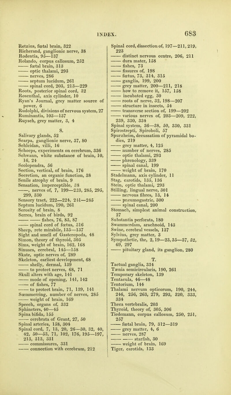 Retzius, foetal brain, 322 Richerand, ganglionic nerve, 38 Rodentia, 95—137 Rolando, corpus callosura, 252 fcetal brain, 313 optic thalami, 293 nerves, 286 septum lucidum, 261 spinal cord, 203, 213—229 Roots, posterior spinal cord, 32 Rosenthal, axis cylinder, 10 Ryan's Journal, grey matter source of power, 6 Rudolphi, divisions of nervous system, 27 Ruminantia, 103—137 Ruysch, grey matter, 3, 4 S. Salivary glands, 52 Scarpa, ganglionic nerve, 37, 80 Schleidan, villi, 16 Schoeps, experiments on cerebrum, 336 Schwann, white substance* of brain, 10, 16, 24 Scolopendra, 56 Section, vertical, of brain, 176 Secretion, an organic function, 38 Senile atrophy of brain, 9 Sensation, imperceptible, 38 , nerves of, 7, 199—223, 285, 295, 299, 330 Sensory tract, 222—224, 241—245 Septum lucidum, 190, 261 Serosity of brain, 8 Serres, brain of birds, 92 fishes, 76, 83, 87 spinal cord of foetus, 316 Sheep, rete mirabile, 135—137 Sight and smell of Gasteropoda, 48 Simon, theory of thyroid, 305 Sims, weight of brain, 162, 168 Sinuses, cerebral, 145—158 Skate, optic nerves of, 289 Skeleton, earliest development, 68 shelly, dermal, 139 to protect nerves, 68, 71 Skull alters with age, 141 mode of opening, 141, 142 of fishes, 77 to protect brain, 71, 139, 141 Soemmerring, number of nerves, 285 weight of brain, 169 Speech, organs of, 332 Sphincters, 40—45 Spina bifida, 155 cerebrata of Grant, 27, 50 Spinal arteries, 158, 304 Spinal cord, 7, 13, 20, 26—30, 32, 40, 42, 50—53, 71, 102, 176, 195—197, 213, 313, 331 commissures, 331 connection with cerebrum, 212 Spinal cord, dissection of, 197—211,219, 223 distinct nervous centre, 206, 211 dura mater, 158 fishes, 73 fissures of, 198 foetus, 73, 314, 315 ganglia, 199, 200 grey matter, 200—211, 218 how to remove it, 157, 158 incubated egg, 30 roots of nerve, 32, 198—207 structure in insects, 54 transverse section of, 199—202 various nerves of, 203—209, 222, 239, 330, 334 Spinal system, 36—38, 50, 330, 331 Spirostrepti, Spiroboli, 57 Spurzheira, decussation of pyramidal bo- dies, 219 grey matter, 4, 125 number of nerves, 285 optic thalami, 293 phrenology, 339 spinal canal, 199 weight of brain, 170 Stadelmann, axis cylinder, 11 Stag, carotids, 135, 136 Stein, optic thalami, 293 Stilling, lingual nerve, 301 nervous fibres, 13, 14 pneumogastric, 300 spinal canal, 200 Stomach, simplest animal construction, 27 Substantia perforata, 180 Swammerdam, arachnoid, 143 Swine, cerebral vessels, 137 Sylvius, grey matter, 3 Sympathetic, the, 2,19—23, 35—37, 52, 69, 297 pituitary gland, its ganglion, 280 T. Tactual ganglia, 334 Taenia semicircularis, 190, 261 Temporary skeleton, 139 Tentacula, 46—48 Tentorium, 144 Thalami nervum opticorum, 190, 244, 246, 256, 263, 279, 293, 320, 333, 334 Theca vertebralis, 203 Thyroid, theory of, 305, 306 Tiedemann, corpus callosum, 250, 251, 257 foetal brain, 79, 312—319 grey matter, 4, 6 nerves, 287 — starfish, 30 —— weight of brain, 169 Tiger, carotids, 133