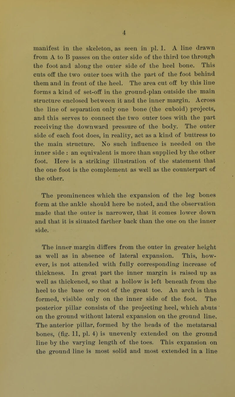 manifest in the skeleton, as seen in pi. 1. A line drawn from A to B passes on the outer side of the third toe throu<,^h the foot and along the outer side of the heel bone. This cuts off the two outer toes with the part of the foot behind them and in front of the heel. The area cut off by this line forms a kind of set-off in the ground-plan outside the main structure enclosed between it and the inner margin. Across the line of separation only one bone (the cuboid) projects, and this serves to connect the two outer toes with the part receiving the downward pressure of the body. The outer side of each foot does, in reality, act as a kind of buttress to the main structure. No such influence is needed on the inner side : an equivalent is more than supplied by the other foot. Here is a striking illustration of the statement that the one foot is the complement as well as the counterpart of the other. The prominences which the expansion of the leg bones form at the ankle should here be noted, and the observation made that the outer is narrower, that it comes lower down and that it is situated farther back than the one on the inner side. The inner margin differs from the outer in greater height as well as in absence of lateral expansion. This, how- ever, is not attended with fully corresponding increase of thickness. In great part the inner margin is raised up as well as thickened, so that a hollow is left beneath from the heel to the base or root of the great toe. An arch is thus formed, visible only on the inner side of the foot. The posterior pillar consists of the projecting heel, which abuts on the ground without lateral expansion on the ground line. The anterior pillar, formed by the heads of the metatarsal bones, (fig. 11, pi. 4) is unevenly extended on the ground line by the varying length of the toes. This expansion on the ground line is most solid and most extended in a line