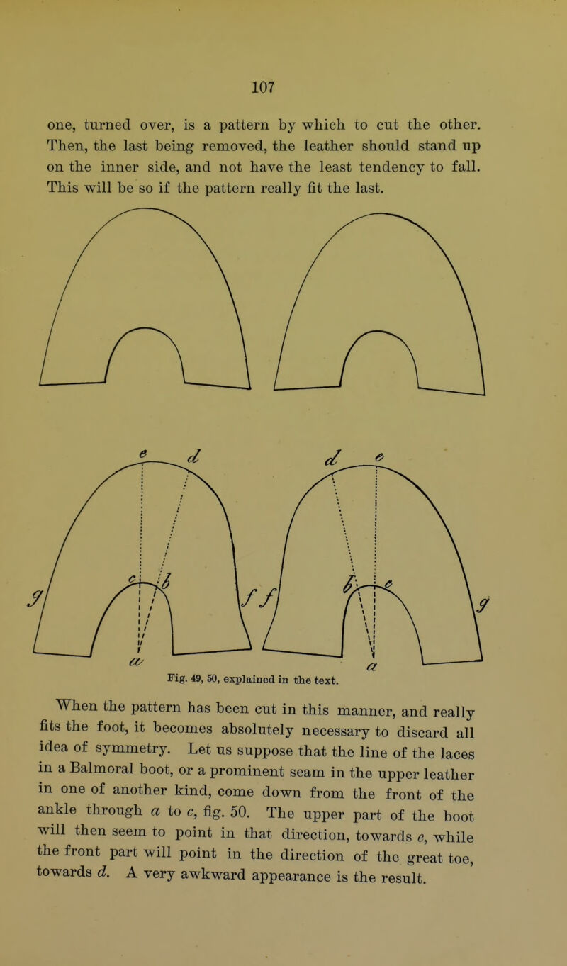 one, turned over, is a pattern by which to cut the other. Then, the last being removed, the leather should stand up on the inner side, and not have the least tendency to fall. This will be so if the pattern really fit the last. Fig. 49, 60, explained in the text. When the pattern has been cut in this manner, and really fits the foot, it becomes absolutely necessary to discard all idea of symmetry. Let us suppose that the line of the laces in a Balmoral boot, or a prominent seam in the upper leather in one of another kind, come down from the front of the ankle through a to c, fig. 50. The upper part of the boot will then seem to point in that direction, towards e, while the front part will point in the direction of the great toe, towards d. A very awkward appearance is the result.