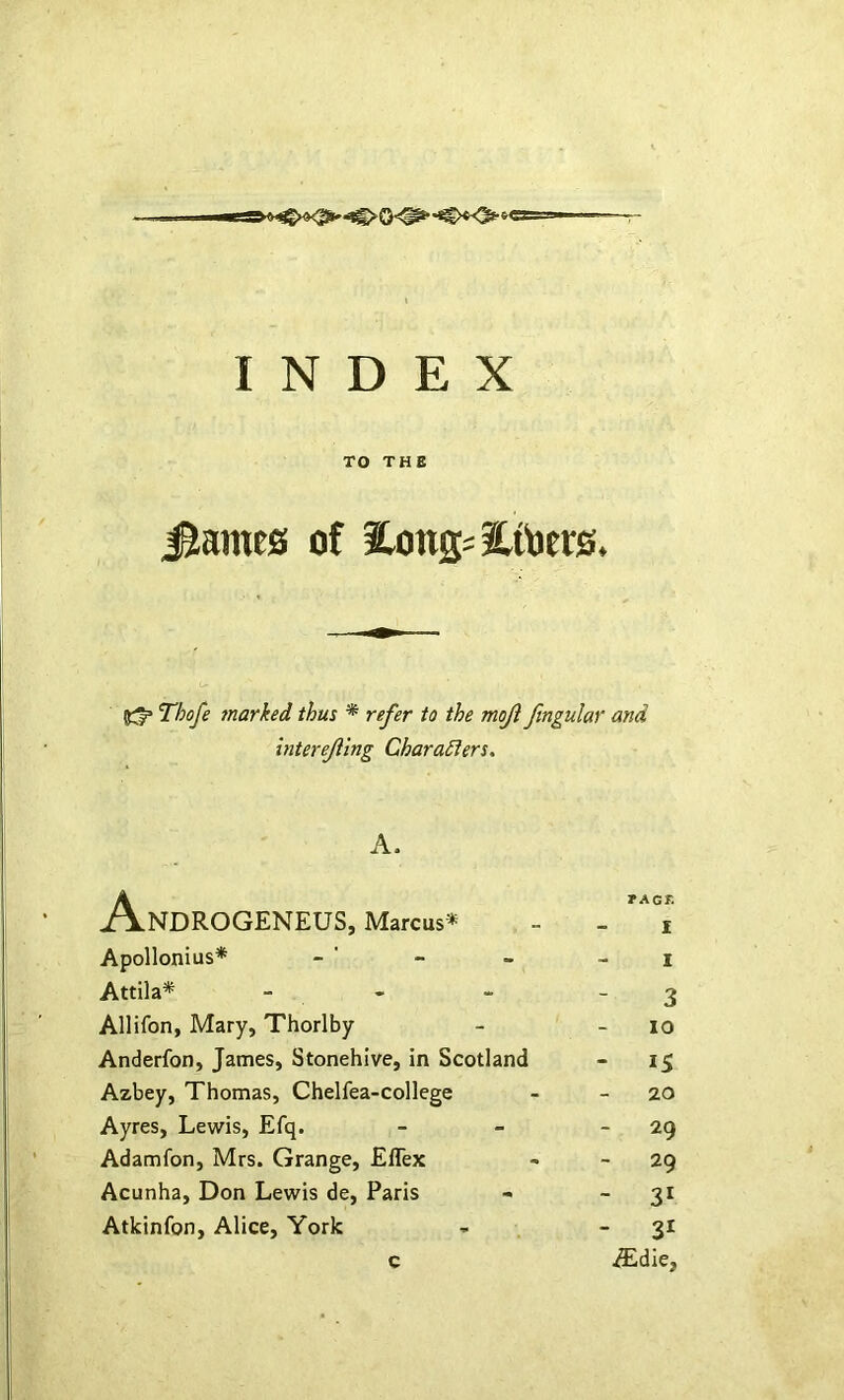 TO THE ^ame0 of Hong^iLtbtr©. 5:;^ Thofe marked thus * refer to the mojl ftngular and interejiing Characters, A. AnDROGENEUS, Marcus* TACT. I Apollonius* I Attila* “ - 3 Allifon, Mary, Thorlby 10 Anderfon, James, Stonehive, in Scotland - IS Azbey, Thomas, Chelfea-college 20 Ayres, Lewis, Efq. - 29 Adamfon, Mrs. Grange, ElTex - 29 Acunha, Don Lewis de, Paris - 31 Atkinfon, Alice, York - 31 c ^die,