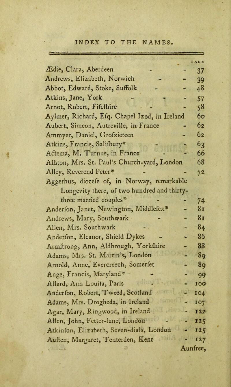 PAGE ^die, Clara, Aberdeen - “37 Andrews, Elizabeth, Norwich - 39 Abbot, Edward, Stoke, Suffolk - - 48 Atkins, Jane, York -  ~ 57 Arnot, Robert, Fifeftiire -  5^ Aylmer, Richard, Efq. Chapel Izod, in Ireland 60 Aubert, Simeon, Autreville, in France - 62 Ammyer, Daniel, Grofxieteen - 62 Atkins, Francis, Salifbury* - - 63 Adfema, M. Turnus, in France - - 66 Afhton, Mrs. St. Paul’s Church-yard, London 68 Alley, Reverend Peter* - - 72 Aggerhus, diocefe of, in Norway, remarkable Longevity there, of two hundred and thirty- three married couples* - - 74 Anderfon, Janet, Newington, Middlefex* - 8l Andrews, Mary, Southwark - - 8l Allen, Mrs. Southwark - - 84 Anderfon, Eleanor, Shield Dykes - - 86 Armftrong, Ann, Aldbrough, Yorkfhirc - 88 Adams, Mrs. St. Martin’s, London - 89 Arnold, Anne,'Evercreech, Somerfet - 89 Ange, Francis, Maryland* - - 99 Allard, Ann Louifa, Paris - - lOO Anderfon, Robert, Tweed, Scotland - 104 Adams, Mrs. Drogheda, in Ireland - 107 Agar, Mary, Ringwood, in Ireland - 122 Allen, John, Fetter-lane, London - - 125 Atkinfon, Elizabeth, Seven-dials, London - 125 Auften, Margaret, Tenterden, Kent - 127 Aunfree,