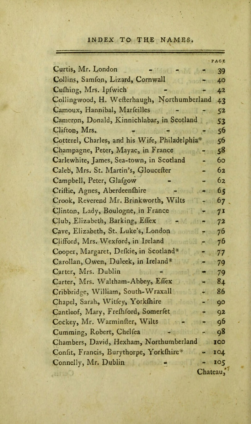 PAGE Curtis, Mr. London - - ”39 Collins, Samfon, Lizard, Cornwall - 40 Cufhing, Mrs. Ipfwich - - 42 Collingwood, H. Wefterhaugh, Northumberland 43 Camoux, Hannibal, Marfeilles - - 52 Cameron, Donald, Kinnichlabar, in Scotland 53 Clifton, Mrs. - - - 56 Cotterel, Charles, and his Wife, Philadelphia* 56 Champagne, Peter, Mayac, in France - 58 Carlewhite, James, Sea-town, in Scotland - 60 Caleb, Mrs. St. Martin’s, Gloucefter - 62 Campbell, Peter, Glafgow - - 62 Criftie, Agnes, Aberdeenfliire - - 65 Crook, Reverend Mr. Brinkworth, Wilts - 67 Clinton, Lady, Boulogne,.in France - 71 Club, Elizabeth, Barking, Eflex - - 72 Cave, Elizabeth, St. Luke’s, London - 76 ClilFord, Mrs. Wexford, in Ireland - 76 Cooper, Margaret, Defkie, in Scotland* - 77 Carollan, Owen, Duleek, in Ireland* - 79 Carter, Mrs. Dublin - 79 Carter, Mrs. Waltham-Abbey, Eflex - 84 Cribbridge, William, South-Wraxall - 86 Chapel, Sarah, Witfey, Yorkfhire - ’ 90 Cantleof, Mary, Frelhford, Somerfet - 92 Ccckey, Mr, Warminfter, Wilts - - 96 Cumming, Robert, Chelfea - - 98 Chambers, David, Hexham, Northumberland lOO Confit, Francis, Burythorpe, Yorkfliire* - 104 Connelly, Mr. Dublin - - 105 Chateau/