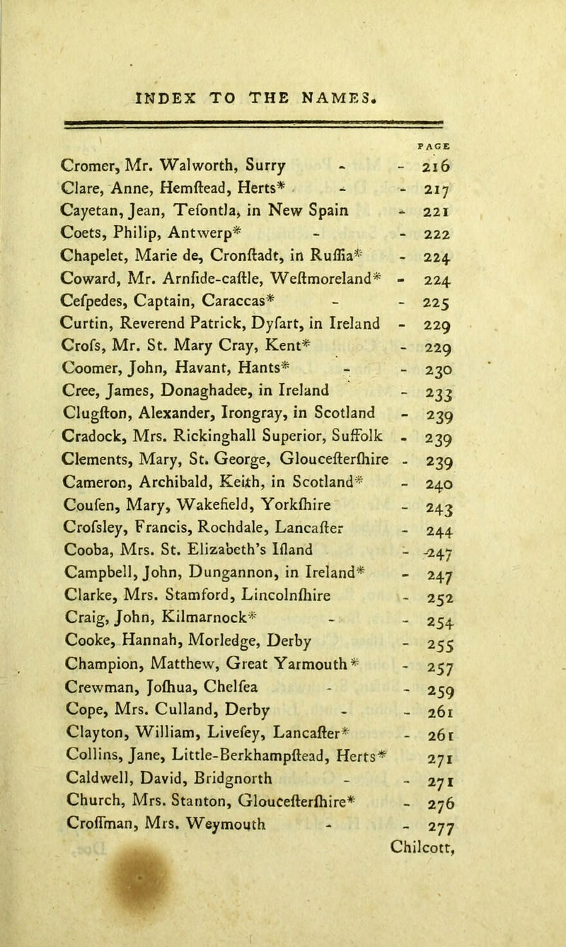 page Cromer, Mr. Walworth, Surry - - 216 Clare, Anne, Hemftead, Herts* * “ 217 Cayetan, Jean, Tefontla, in New Spain * 221 Coets, Philip, Antwerp* - - 222 Chapelet, Marie de, Cronftadt, in Rullia* - 224. Coward, Mr. Arnfide-caftle, Weftmoreland* - 224 Cefpedes, Captain, Caraccas* - - 225 Curtin, Reverend Patrick, Dyfart, in Ireland - 229 Crofs, Mr. St. Mary Cray, Kent* - 229 Coomer, John, Havant, Hants* - - 230 Cree, James, Donaghadee, in Ireland - 233 Clugfton, Alexander, Irongray, in Scotland - 239 Cradock, Mrs. Rickinghall Superior, Suffolk - 239 Clements, Mary, St. George, Gloucefterfhire . 239 Cameron, Archibald, Keith, in Scotland* - 240 Coufen, Mary, Wakefield, Yorkfhire - 243 Crofsley, Francis, Rochdale, Lancafter - 244 Cooba, Mrs. St. Elizabeth’s Ifland - -247 Campbell, John, Dungannon, in Ireland* - 247 Clarke, Mrs. Stamford, Lincolnfliire - 252 Craig, John, Kilmarnock* - _ 254 Cooke, Hannah, Morledge, Derby - 255 Champion, Matthew, Great Yarmouth* - 257 Crewman, Jofhua, Chelfea - - 259 Cope, Mrs. Culland, Derby - _ 261 Clayton, William, Livefey, Lancafter* - 261 Collins, Jane, Little-Berkhampftead, Herts* 271 Caldwell, David, Bridgnorth - - 271 Church, Mrs. Stanton, Gloucefterfhire* - 276 Crolfman, Mrs. Weymouth - - 277 Chilcott, i-