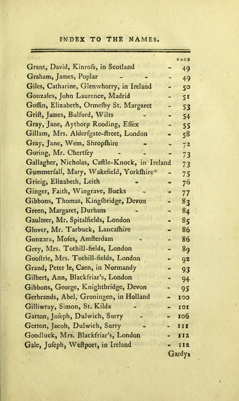 Grant, David, Kinrofs, in Scotland PAGE 49 Graham, James, Poplar - 49 Giles, Catharine, Glenwhorry, in Ireland - 50 Gonzales, John Laurence, Madrid - 51 Goffin, Elizabeth, Ormefby St. Margaret - 53 Grift, James, Bulford, Wilts - 54 Gray, Jane, Aythorp Rooding, ElFex - 55 Gillam, Mrs. Alderfgate-ftreet, London - 58 Gray, Jane, Wem, Shropfliire - 72 Goring, Mr. Chertfey - 73 Gallagher, Nicholas, Caftle-Knock, in'Ireland 73 Gtimmerfall, Mary, Wakefield, Yorkfliire* - 75 Grieig, Elizabeth, Leith - 76 Ginger, Faith, Wingrave, Bucks - 77 Gibbons, Thomas, Kingfbridge, Devon - 83 Green, Margaret, Durham - 84 Gaulteer, Mr. Spitalfields, London - 85 Glover, Mr. Tarbuck, Lancafhire - 86 Gonzara, Mofes, Amfterdam - 86 Grey, Mrs. Tothill-fields, London - 89 Gooftrie, Mrs. Tothill-fields, London > 92 Grand, Peter le, Caen, in Normandy - 93 Gilbert, Ann, Blackfriar’s, London - 94 Gibbons, George, Knightbridge, Devon - 95 Gerbrands, Abel, Groningen, in Holland - 100 Gilliwray, Simon, St. Kilda - lOI Garton,Jofeph, Dulwich, Surry - 106 Gerton, Jacob, Dulwich, Surry - III Goodluck, Mrs. Blackfriar’s, London - 112 Gale, Jofeph, Weftport, in Ireland 112 Gardyj