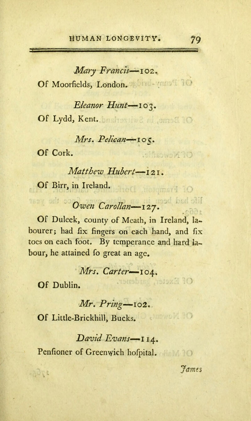 Mary Francis—102. Of MoorfieldSi London. ! ^ ^ ’ Eleanor Hunt—103. Of Lydd, Kent. Mrs. PeIican~—io^. Of Cork. Matthew Hubert—121. Of Birr, in Ireland. Owen CarolIan-~—i2j. ' * Of Duleek, county of Meath, in Ireland, la- bourer; had fix fingers on each hand, and fix toes on each foot. By temperance and hard la- bour, he attained fo great an age. Mrs. Carter^^ioif. Of Dublin. Mr. Pring—102. Of Little-Brickhill, Bucks. David Evans-^ii/^. Penfioner of Greenwich hofpital. James