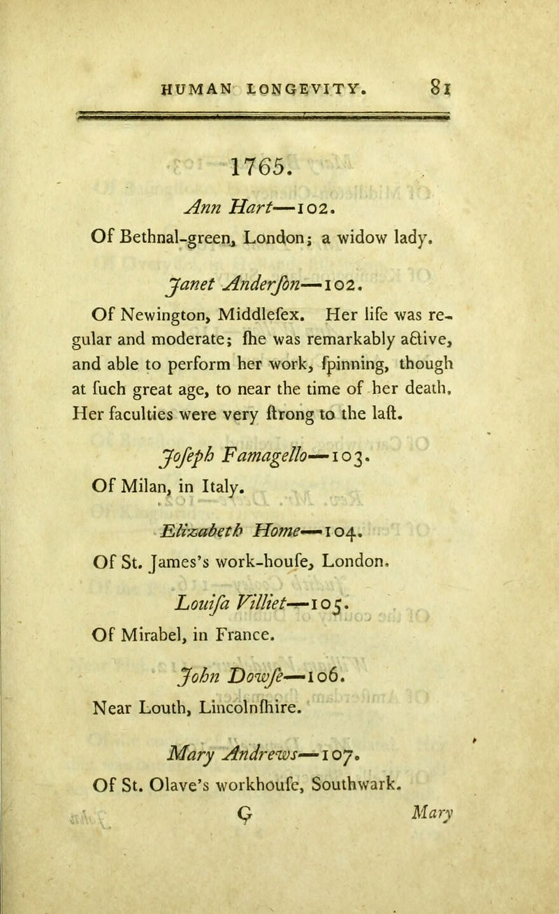 1765. Ann Hart—102. Of Bethnal-green^ London; a widow lady. Janet Anderjhn—102. Of Newington, Middlefex. Her life was re- gular and moderate; fhe was remarkably aftive, and able to perform her work, fpinning, though at fuch great age, to near the time of her death. Her faculties were very ftrong to the laft. Jofeph Famagello-^ io'i> Of Milan, in Italy. Elizabeth Home—^\ot^, Of St. James’s work-houfe, London. Louifa Villiet-^io^. Of Mirabel, in France. John 106. Near Louth, Lincolnlhire. Mary Andrews—~ioy. Of St. Olave’s workhoufe, Southwark. Q Mary