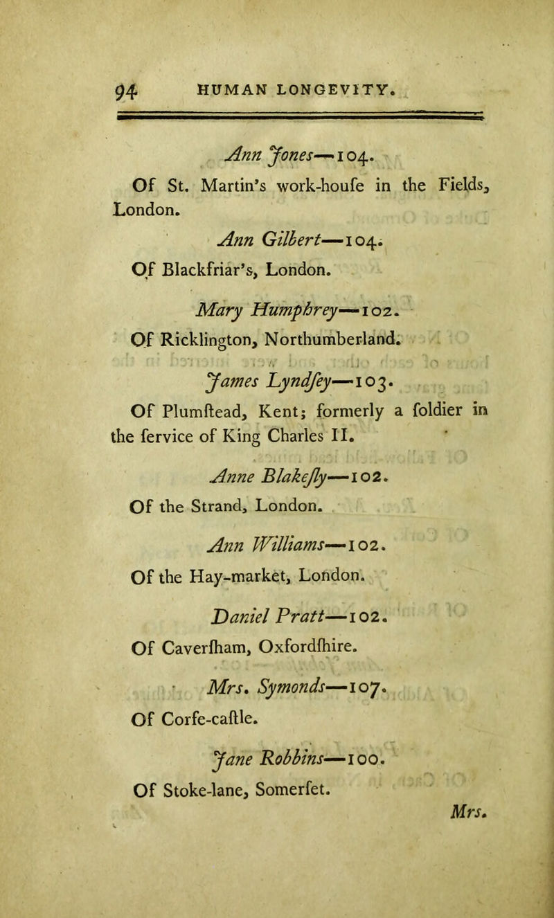 Ann Jones-^ 104. Of St. Martin’s work-houfe in the Fields^ London. Ann Gilbert—104. Of Blackfriar’s, London. Mary Humphrey-—102.. Of Ricklington, Northumberland. . .;j ■ 'James Lyndfey—103. Of Plumftead, Kent; formerly a foldier in the fervice of King Charles II. Anne Blakejly—102. Of the Strand, London. Ann Williams—102. Of the Hay-market, London. Daniel Pratt—102. Of Caverlham, Oxfordfhire. Mrs, Symonds—107. Of Corfe-caftle. Jane Robbins—loo. Of Stoke-lane, Somerfet.
