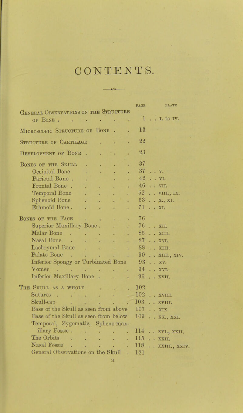 CONTENTS. PAGE PLATE General Observations on the Structure of Bone 1 1 . . 1. bU IV. Microscopic Structure op Bone . 13 Structure of Cartilage Development op Bone . . 23 Bones of the Skull .... 37 Occipital Bone .... 37 . . V. X ell lUucll XJUiltJ • . • 42 VT Frontal Bone ..... 46 . . VII. Temporal Bone .... 52 . VIII., IX. Sphenoid Bone .... 63 . X., XI. Ethmoid Bone ..... 71 . XI. Bones of the Face .... 76 Superior Maxillary Bone . 76 . XII. Malar Bone ..... 85 . . XIII. Nasal Bone . . 87 . . XVI. Lachrymal Bone .... 88 . . XIII. Palate Bone ..... 90 . . XIII., XIV. Inferior Spongy or Turbinated Bone 93 . . XV. Vomer ...... 94 . . XVI. Inferior Maxillary Bone . 96 . XVII. The Skull as a whole 102 Sutures . . 102 . . XVIII. Skull-cap 103 . . XVIII. Base of the Skull as seen from above 107 . . XIX. Base of the Skull as seen from below 109 . XX., XXI. Temporal, Zygomatic, Sphenomax- illary Fossae ..... 114 . . XVI., XXII The Orbits 115 . XXII. Nasal Fossae ..... 118 . . XXIII., XX General Observations on the Skull . 121 a