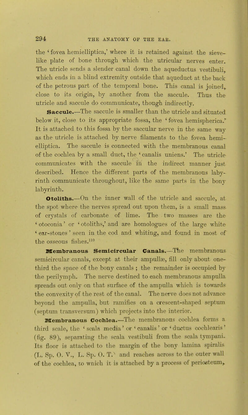 the ' fovea hemielliptica,' where it is retained against the sieve- like plate of bone through which the utricular nerves enter. The utricle sends a slender canal down the aqueductus vestibuli, which ends in a blind extremity outside that aqueduct at the back of the petrous part of the temporal bone. This canal is joined, close to its origin, by another from the saccule. Thus the utricle and saccule do communicate, though indirectly. Saccule.—The saccule is smaller than the utricle and situated below it, close to its appropriate fossa, the ' fovea hemispherical It is attached to this fossa by the saccular nerve in the same way as the utricle is attached by nerve filaments to the fovea hemi- elliptica. The saccule is connected with the membranous canal of the cochlea by a small duct, the ' canalis uniens.' The utricle communicates with the saccule in the indirect manner just described. Hence the different parts of the membranous laby- rinth communicate throughout, like the same parts in the bony labyrinth. Otoliths,—On the inner wall of the utricle and saccule, at the spot where the nerves spread out upon them, is a small mass of crystals of carbonate of lime. The two masses are the 4 otoconia' or ' otoliths,' and are homologues of the large white * ear-stones ' seen in the cod and whiting, and found in most of the osseous fishes.110 Membranous Semicircular Canals.—The membranous semicircular canals, except at their ampulla?, fill only about one- third the space of the bony canals ; the remainder is occupied by the perilymph. The nerve destined to each membranous ampulla spreads out only on that surface of the ampulla which is towards the convexity of the rest of the canal. The nerve does not advance beyond the ampulla, but ramifies on a crescent-shaped septum (septum transversum) which projects into the interior. Membranous Cochlea.—The membranous cochlea forms B third scale, the ' scnla media' or ' canalis ' or * ductus coehlearis' (fig. 89), separating the scala vestibuli from the scala tympan i. Its floor is attached to the margin of the bony lamina spiralis (L. Sp. 0. V., L. Sp. 0. T.N and reaches across to the outer wall of the cochlea, to wnich it is attached by a process of periosteum,