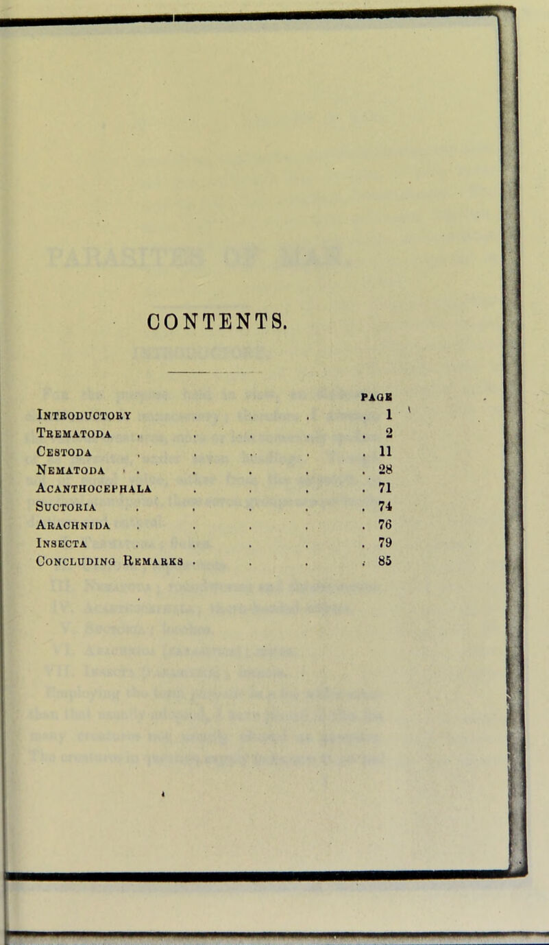 CONTENTS PAQB Inteoductory . . . . 1 Tbematoda . . . . ,2 Cestoda , . . .11 Nematoua • . . . . .28 Acanthocefhala . . .71 SUCTOKIA . . . . .74 Arachnida . . . . .76 Insecta . . . . .79 CoNCLUDiNQ Remarks . . . .-85