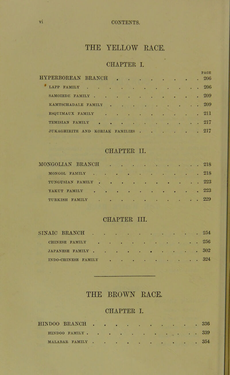 THE YELLOW RACE. CHAPTER I. PAGE HYPERBOREAN BRANCH 206 * LAPP FAMILY 206 SAMOIEDE FAMILY 209 KAMTSCHADALE FAMILY 209 ESQUIMAUX FAMILY 211 TEMISIAN FAMILY 217 JUKAGHIRITE AND KORIAK FAMILIES 217 CHAPTER II. MONGOLIAN BRANCH 218 MONGOL FAMILY 218 TUNGUSIAN FAMILY 223 YAKUT FAMILY 223 TURKISH FAMILY 229 CHAPTER III. SINAIC BRANCH 254 CHINESE FAMILY 256 JAPANESE FAMILY 302 INDO-CHINESE FAMILY 324 TPIE BROWN RACE. CHAPTER I. HINDOO BRANCH 336 niNDOO FAMILY 339 MALABAR FAMILY 354