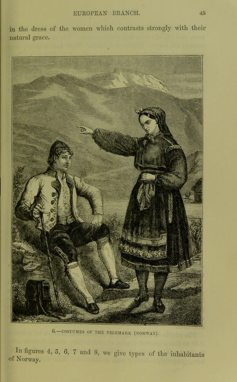 in the dress of the women which contrasts strongly with their natural grace. In figures 4, 5, G, 7 and 8, we give types of the inhabitants oi Norway.
