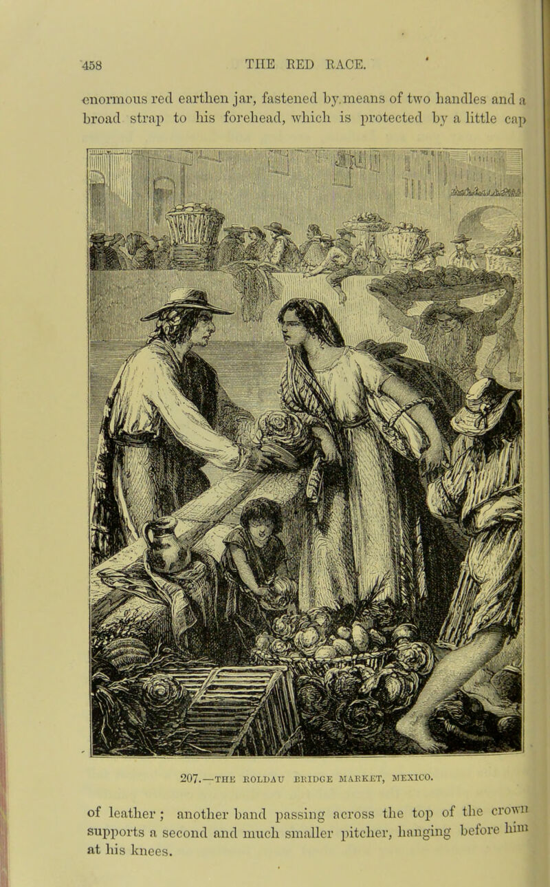 enormous red earthen jar, fastened by.means of two handles and a broad strap to his forehead, which is protected by a little cap 207. —THE ROLDAU BRIDGE MARKET, MEXICO. of leather ; another band passing across the top of the croyn supports a second and much smaller pitcher, hanging before him at his knees.