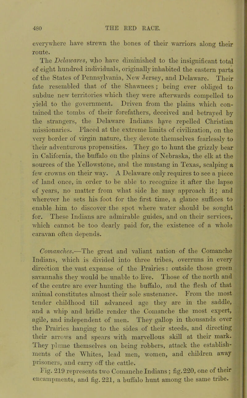 everywhere have strewn the bones of their warriors along their route. The Delawares, who have diminished to the insignificant total of eight hundred individuals, originally inhabited the eastern parts of the States of Pennsylvania, New Jersey, and Delaware. Their fate resembled that of the Shawnees; being ever obliged to subdue new territories which they were afterwards compelled to yield to the government. Driven from the plains which con- tained the tombs of their forefathers, deceived and betrayed by the strangers, the Delaware Indians have repelled Christian missionaries. Placed at the extreme limits of civilization, on the very border of virgin nature, they devote themselves fearlessly to their adventurous propensities. They go to hunt the grizzly bear in California, the buffalo on the plains of Nebraska, the elk at the sources of the Yellowstone, and the mustang in Texas, scalping a few crowns on their way. A Delaware onty requires to see a piece of land once, in order to be able to recognize it after the lapse of years, no matter from what side he may approach it; and wherever he sets his foot for the first time, a glance suffices to enable him to discover the spot where water should be sought for. These Indians are admirable guides, and on their services, which cannot be too dearly paid for, the existence of a whole caravan often depends. Comanches.—The great and valiant nation of the Comanche Indians, which is divided into three tribes, overruns in every direction the vast expanse of the Prairies: outside those green savannahs they would be unable to live. Those of the north and of the centre are ever hunting the buffalo, and the flesh of that animal constitutes almost their sole sustenance. From the most tender childhood till advanced age they are in the saddle, and a whip and bridle render the Comanche the most expert, agile, and independent of men. They gallop in thousands over the Prairies hanging to the sides of their steeds, and directing their arrows and spears with marvellous skill at their mark. They plume themselves on being robbers, attack the establish- ments of the Whites, lead men, women, and children away prisoners, and carry off the cattle. Fig. 219 represents two Comanche Indians ; fig. 220, one of their encampments, and fig. 221, a buffalo hunt among the same tribe.