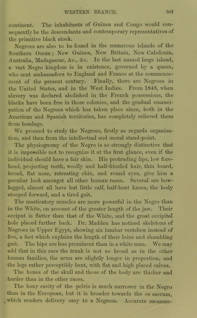 continent. The inhabitants of Guinea and Congo would con- sequently be the descendants and contemporary representatives of the primitive black stock. Negroes are also to be found in the numerous islands of the Southern Ocean; New Guinea, New Britain, New Caledonia, Australia, Madagascar, &c., &c. In the last named large island, a vast Negro kingdom is in existence, governed by a queen, who sent ambassadors to England and France at the commence- ment of the present century. Finally, there are Negroes in the United States, and in the West Indies. From 1848, when slavery was declared abolished in the French possessions, the blacks have been free in those colonies, and the gradual emanci- pation of the Negroes which has taken place since, both in the American and Spanish territories, has completely relieved them from bondage. We proceed to study the Negroes, firstly as regards organiza- tion, and then from the intellectual and moral stand-point. The physiognomy of the Negro is so strongly distinctive that it is impossible not to recognize it at the first glance, even if the individual should have a fair skin. His protruding lips, low fore- head, projecting teeth, woolly and lialf-frizzled hair, thin beard, broad, flat nose, retreating chin, and round eyes, give him a peculiar look amongst all other human races. Several are bow- legged, almost all have but little calf, half-bent knees, the body stooped forward, and a tired gait. The masticatory muscles are more powerful in the Negro than in the White, on account of the greater length of the jaw. Their occiput is flatter than that of the White, and the great occipital hole placed further back. Dr. Madden has noticed skeletons of Negroes in Upper Egypt, showing six lumbar vertebrae instead of five, a fact which explains the length of their loins and shambling gait. The hips are less prominent than in a white man. We may add that in this race the trunk is not so broad as in the other human families, the arms are slightly longer in proportion, and the legs rather perceptibly bent, with flat and high placed calves. The bones of the skull and those of the body are thicker and harder than in the other races. The bony cavity of the pelvis is much narrower in the Negro than in the European, but it is broader towards the os sacrum, . which renders delivery easy to a Negress. Accurate measure-