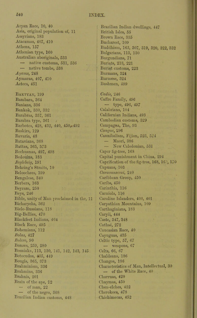 Aryan Race, 10, 40 Asia, original population of, 11 Assyrians, 183 Atacamas, 407, 410 Athens, 157 Athenian type, 1G0 Australian aboriginals, 533 — native customs, 531, 53G — native tombs, 538 A yams, 248 Aymaras, 407, 410 Aztecs, 451 Baktyan, 199 Bambara, 364 Banians, 336 Bankok, 330, 332 Barabras, 357, 361 Barabra type, 361 / Barbotes, 428, 432, 440, 450^492 Baskirs, 129 Bavaria, 48 Batavians, 36S Battas, 365, 373 Beckuanas, 497, 49S Bedouins, 1 S3 Beglebcig, 191 Behring’s Straits, 10 Beloocliees, 199 Bengalese, 340 Berbers, 163 Beyram, 250 Beys, 246 Bible, unity of Man proclaimed in the. 11 Bicharyelis, 362 Bielo-Russians, 11S Big-Bellies, 470 Blackfeet Indians, 464 Black Race, 495 Bohemians, 112 Bolus, 427 Bolero, 90 Bonzes, 259, 280 Bosniaks, 113, 130, 141, 142, 143, 145 Botocudos, £35, 449 Bougis, 365, 373 Braliminism, 336 Brahmins, 336 Brahnis, 201 Brain of the ape, 22 — of man, 22 — of the negro, 50S Brazilian Indian customs, 448 Brazilian Indian dwellings, 447 British Isles, 55 Brown Race, 335 Bucharest, 109 Buddhism, 163, 307, 319, 320, 322, 332 Bulgarians, 113, 130 Burgundians, 71 Buriats, 218, 221 Buriat customs, 223 Burmans, 324 Burmese, 324 Bushmen, 499 Cadis, 246 Caffre Family, 496 — type, 496, 497 Calabrians, 104 Californian Indians, 493 Cambodian customs, 329 Campagna, The, 93 Cangue, 296 Cannibalism, Fijian, 523, 524 — Maori, 386 — New Caledonian, 531 Caper tig-tree, 168 Capital punishment in China, 294 Caprification of the fig-tree, 168, 16.', 170 Capuans, 103 Caravanserai, 240 Caribbean Group, 450 Caribs, 450 Carinthia, 116 Carniola, 116 Caroline Islanders, 400, 401 Carpathian Mountains, 109 Carthaginians, 183 Caryii, 444 Caste, 347, 348 Cathse, 272 Caucasian Race, 40 Cayuguas, 435 Celtic type, 57, 67 — weapons, 67 Celts, 66, 67 Chaldeans, 186 Changos, 186 Characteristics of Man, Intellectual, 30 — of the White Race, 40 Charruas, 420 Chaymas, 450 Chen-elches, 422 Cherokees, 478 Chicliimecas, 452