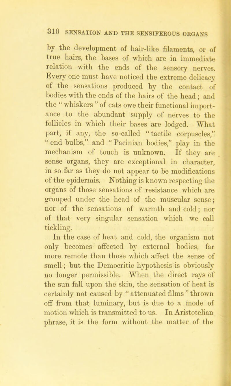 by the development of hair-like filaments, or of true hairs, the bases of which are in immediate relation with the ends of the sensory nerves. Every one must have noticed the extreme delicacy of the sensations produced by the contact of bodies with the ends of the hairs of the head ; and the “ whiskers ” of cats owe their functional import- ance to the abundant supply of nerves to the follicles in which their bases are lodged. What part, if any, the so-called “ tactile corpuscles,” “ end bulbs,” and “ Pacinian bodies,” play in the mechanism of touch is unknown. If they are sense organs, they are exceptional in character, in so far as they do not appear to be modifications of the epidermis. Nothing is known respecting the organs of those sensations of resistance which are grouped under the head of the muscular sense; nor of the sensations of warmth and cold; nor of that very singular sensation which we call tickling. In the case of heat and cold, the organism not only becomes affected by external bodies, far more remote than those which affect the sense of smell; but the Democritic hypothesis is obviously no longer permissible. When the direct rays of the sun fall upon the skin, the sensation of heat is certainly not caused by  attenuated films ” thrown off from that luminary, but is due to a mode of motion which is transmitted to us. In Aristotelian phrase, it is the form without the matter of the