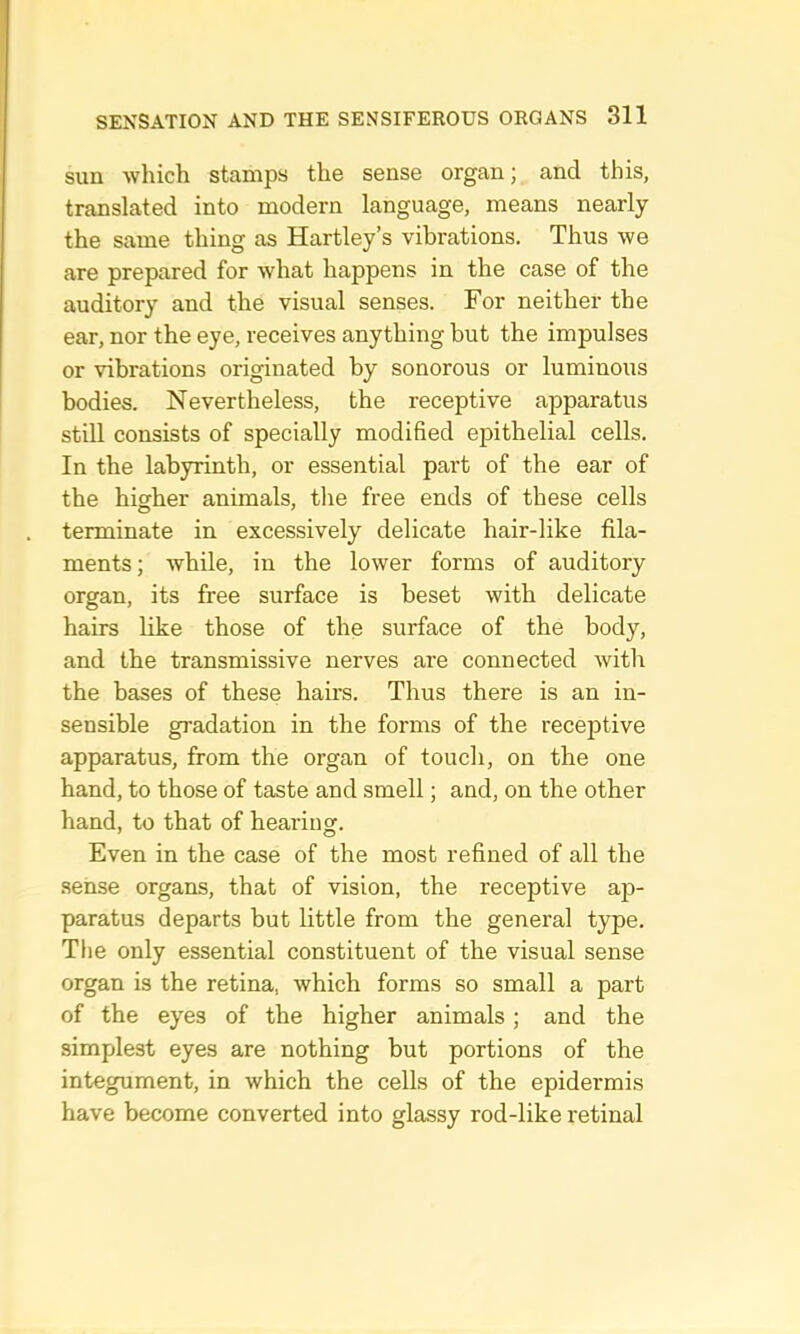 sun which stamps the sense organ; and this, translated into modern language, means nearly the same thing as Hartley’s vibrations. Thus we are prepared for what happens in the case of the auditory and the visual senses. For neither the ear, nor the eye, receives anything but the impulses or vibrations originated by sonorous or luminous bodies. Nevertheless, the receptive apparatus still consists of specially modified epithelial cells. In the labyrinth, or essential part of the ear of the higher animals, the free ends of these cells terminate in excessively delicate hair-like fila- ments; while, in the lower forms of auditory organ, its free surface is beset with delicate hairs like those of the surface of the body, and the transmissive nerves are connected with the bases of these hairs. Thus there is an in- sensible gradation in the forms of the receiDtive apparatus, from the organ of touch, on the one hand, to those of taste and smell; and, on the other hand, to that of hearing. Even in the case of the most refined of all the sense organs, that of vision, the receptive ap- paratus departs but little from the general type. The only essential constituent of the visual sense organ is the retina, which forms so small a part of the eyes of the higher animals ; and the simplest eyes are nothing but portions of the integument, in which the cells of the epidermis have become converted into glassy rod-like retinal