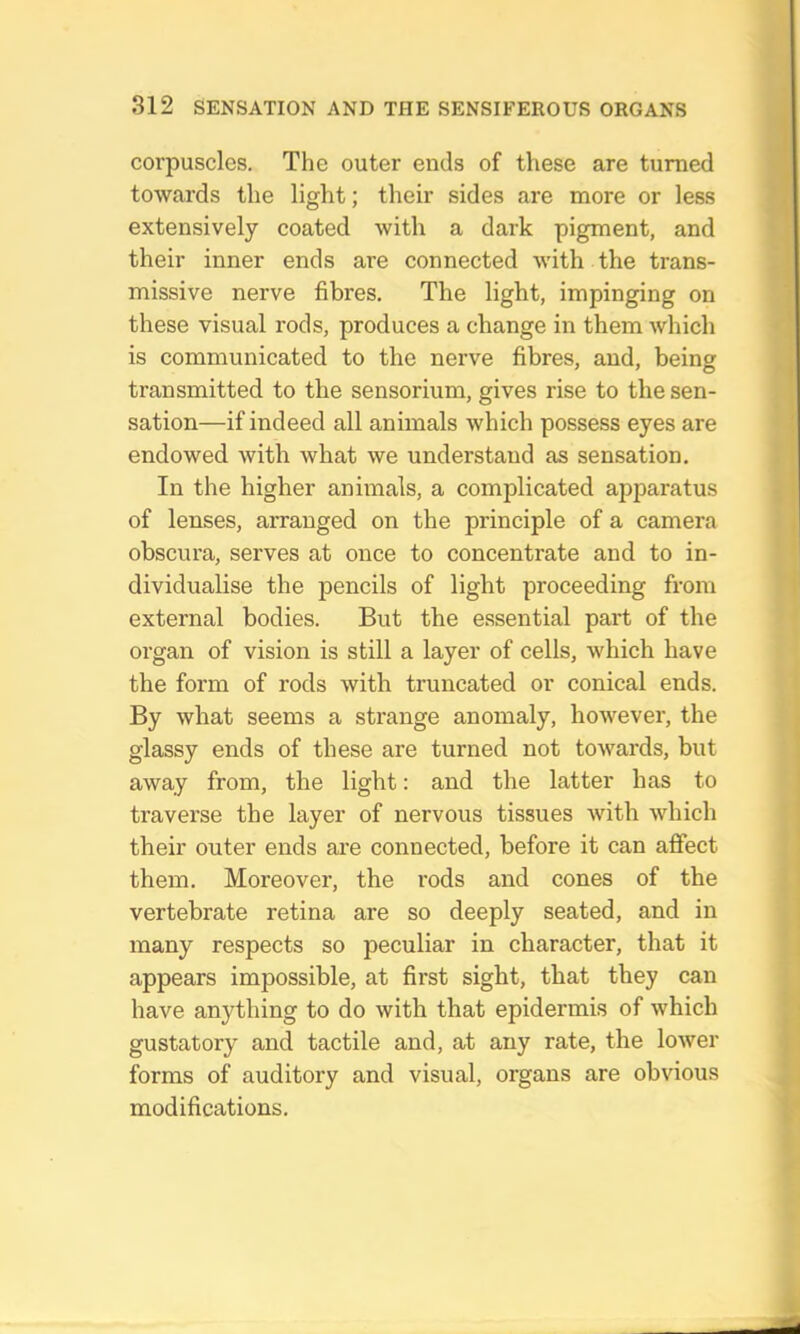 corpuscles. The outer ends of these are turned towards the light; their sides are more or less extensively coated with a dark pigment, and their inner ends are connected with the trans- missive nerve fibres. The light, impinging on these visual rods, produces a change in them which is communicated to the nerve fibres, and, being transmitted to the sensorium, gives rise to the sen- sation—if indeed all animals which possess eyes are endowed with what we understand as sensation. In the higher animals, a complicated apparatus of lenses, arranged on the principle of a camera obscura, serves at once to concentrate and to in- dividualise the ]Dencils of light proceeding from external bodies. But the essential part of the organ of vision is still a layer of cells, which have the form of rods with truncated or conical ends. By what seems a strange anomaly, however, the glassy ends of these are turned not towards, but away from, the light: and the latter has to traverse the layer of nervous tissues with which their outer ends are connected, before it can affect them. Moreover, the rods and cones of the vertebrate retina are so deeply seated, and in many respects so peculiar in character, that it appears impossible, at first sight, that they can have anything to do with that epidermis of which gustatory and tactile and, at any rate, the lower forms of auditory and visual, organs are obvious modifications.