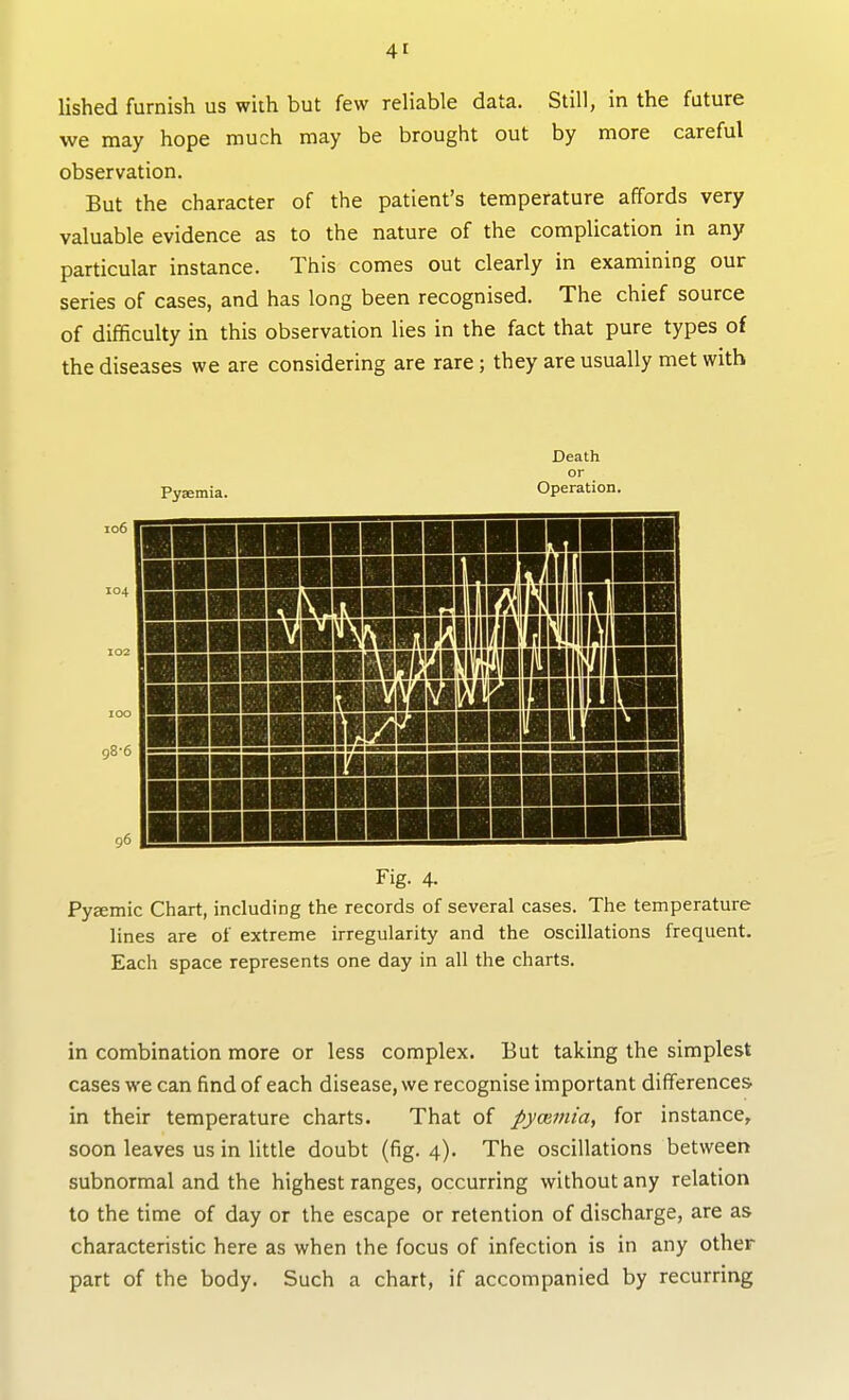 lished furnish us with but few reliable data. Still, in the future we may hope much may be brought out by more careful observation. But the character of the patient's temperature affords very valuable evidence as to the nature of the complication in any particular instance. This comes out clearly in examining our series of cases, and has long been recognised. The chief source of difficulty in this observation lies in the fact that pure types of the diseases we are considering are rare; they are usually met with Death or Pyemia. Operation. ■■■■■ ■■■■■ ■■■■H ■V an MRH ■iHBiHwnain DH ■ ■ ■ ■ ■ ■ ■ ■ ■ ■ ■ ■ ■■■ ■■■ ■ ■ ■! mm Fig. 4. Pyemic Chart, including the records of several cases. The temperature lines are of extreme irregularity and the oscillations frequent. Each space represents one day in all the charts. in combination more or less complex. But taking the simplest cases we can find of each disease, we recognise important differences in their temperature charts. That of pycumia, for instance, soon leaves us in little doubt (fig. 4). The oscillations between subnormal and the highest ranges, occurring without any relation to the time of day or the escape or retention of discharge, are as characteristic here as when the focus of infection is in any other part of the body. Such a chart, if accompanied by recurring