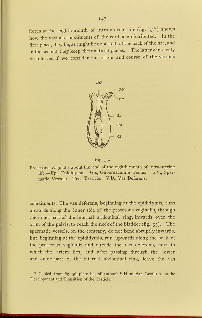 foetus at the eighth month of intra-uterine life (fig. 33*) shows how the various constituents of the cord are distributed. In the first place, they lie, as might be expected, at the back of the sac, and in the second, they keep their natural places. The latter can easily be inferred if we consider the origin and course of the various 56 Fig. 33- Processus Vaginalis about the end of the eighth month of intra-uterine life.—Ep., Epididymis. Gb., Gubernaculum Testis. S.V., Sper- matic Vessels. Tes., Testicle. V.D., Vas Deferens. constituents. The vas deferens, beginning at the epididymis, runs upwards along the inner side of the processus vaginalis, through the inner part of the internal abdominal ring, inwards over the brim of the pelvis, to reach the neck of the bladder (fig. 33). The spermatic vessels, on the contrary, do not bend abruptly inwards, but beginning at the epididymis, run upwards along the back of the processus vaginalis and outside the vas deferens, next to which the artery lies, and after passing through the lower and outer part of the internal abdominal ring, leave the vas * Copied from fig. 56, plate iii., of author's  Hunterian Lectures on the Development and Transition of the Testicle.
