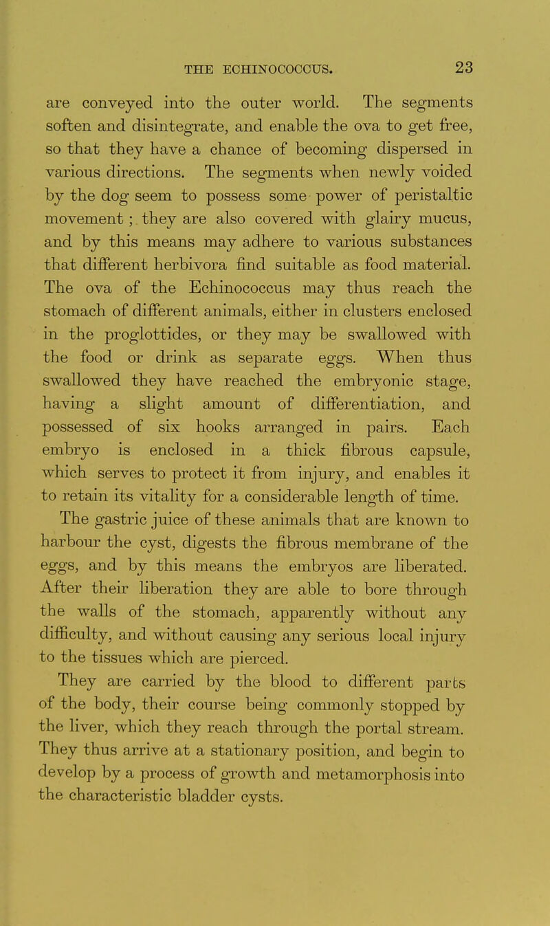 are conveyed into the outer world. The segments soften and disintegrate, and enable the ova to get free, so that they have a chance of becoming dispersed in various directions. The segments when newly voided by the dog seem to possess some power of peristaltic movement; they are also covered with glairy mucus, and by this means may adhere to various substances that different herbivora find suitable as food material. The ova of the Echinococcus may thus reach the stomach of different animals, either in clusters enclosed in the proglottides, or they may be swallowed with the food or drink as separate eggs. When thus swallowed they have reached the embryonic stage, having a slight amount of differentiation, and possessed of six hooks arranged in pairs. Each embryo is enclosed in a thick fibrous capsule, which serves to protect it from injury, and enables it to retain its vitality for a considerable length of time. The gastric juice of these animals that are known to harbour the cyst, digests the fibrous membrane of the eggs, and by this means the embryos are liberated. After their liberation they are able to bore through the walls of the stomach, apparently without any difficulty, and without causing any serious local injury to the tissues which are pierced. They are carried by the blood to different parts of the body, their course being commonly stopped by the liver, which they reach through the portal stream. They thus arrive at a stationary position, and begin to develop by a process of growth and metamorphosis into the characteristic bladder cysts.