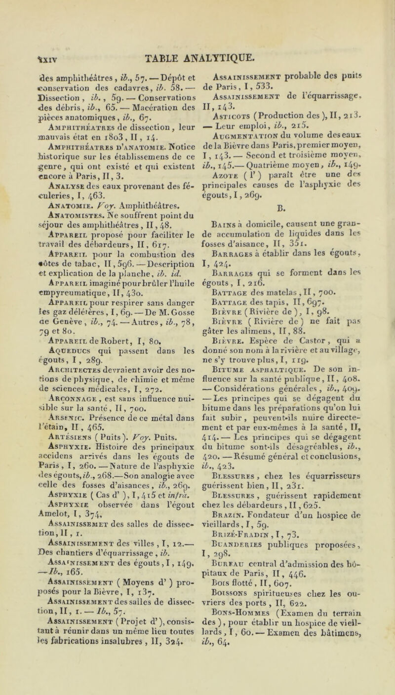des amphithéâtres, ib., 57. —Dépôt et conservation des cadavres, ib. 58.— Dissection , ib., 5g Conservations des débris, ib., 65. — Macération des pièces anatomiques, ib., 67. Amphithéâtres de dissection , leur mauvais état en i8o3, II, 14. Amphithéâtres d’anatomie. Notice historique sur les établissemens de ce genre, qui ont existé et qui existent encore à Paris, II, 3. Analyse des eaux provenant des fé- euleries, I, /f63. Anatomie. Foy. Amphithéâtres. Anatomistes. Ne souffrent point du séjour des amphithéâtres, II, 48. Appareil proposé pour faciliter le travail des débardeurs, II, 617. Appareil pour la combustion des •ôtes de tabac, II, 596.—Description et explication de la planche, ib. id. Appareil imaginépourbrûler l’huile empyreumatique, II, 43o. Appareil pour respirer sans danger les gaz délétères, I, 69. — De M.Gosse ce Genève , ib., 74. — Autres, ib., 78 , 79 et 80. Appareil de Robert, I, 80. Aqueducs qui passent dans les égouts, I , 289. Architectes devraient avoir des no- tions de physique, de chimie et même de sciences médicales, I, 272. Arconnage, est sans influence nui- sible sur la santé, II, 700. Arsenic. Présence de ce métal dans l’étain, II, 465. Artésiens ( Puits). Foy. Puits. Asphyxie. Histoire des principaux accidens arrivés dans les égouts de Paris, I, 260.—Nature de l’asphyxie des égouts, ib., 268.—Son analogie avec celle des fosses d’aisances, ib., 269. Asphyxie ( Cas d’), 1,415 et infra. Asphyxie observée dans l’égout Amelot, I, 374, Assainissemet des salles de dissec- tion, II, r. Assainissement des villes , I, 12.— Des chantiers d’équarrissage , ib. Assainissement des égouts , 1, 149. — Ib., i65. Assainissement ( Moyens d’) pro- posés pour la Bièvre, I, 137. Assainissement des salles de dissec- tion, II, 1. — Ib., 5-j. Assainissement (Projet d’),consis- tant à réunir dans un même lieu toutes les fabrications insalubres, II, 3a4. Assainissement probable des puits de Paris, 1,533. Assainissement de l’équarrissage, II, 143. Asticots (Production des ), II, 213. — Leur emploi, ib., 2i5. Augmentation du volume des eaux delà Bièvre dans Paris, premier moyen, 1, 143. — Second et troisième moyen. ib., 145.— Quatrième moyen, ib., 149* Azote ( 1’ ) paraît être une des principales causes de l’asphyxie des égouts, 1,269. B. Bains à domicile, causent une gran- de accumulation de liquides dans les fosses d’aisance. 11, 35i. Barrages à établir dans les égouts, I, 424* Barrages qui se forment dans les égouts , 1,216. Battage des matelas , II, 700. Battage des tapis, II, 697. Bièvre ( Rivière de ), 1,98. Bièvre ( Rivière de ) ne fait pas gâter les alimeus, 11,88. Bièvre. Espèce de Castor, qui a donné son nom à la rivière et au village, ne s’y trouve plus, I, ng. Bitume asphaltique. De son in- fluence sur la santé publique, II, 408. — Considérations générales, ib., 409- — Les principes qui se dégagent du bitume dans les préparations qu’on lui fait subir , peuvent-ils nuire directe- ment et par eux-mêmes à la santé. II, 4i4-— Les principes qui se dégagent du bitume sont-ils désagréables, ib., 420. —Résumé général et conclusions, ib., 423. Blessures , chez les équarrisseurs guérissent bien, II, 23i. Blessures , guérissent rapidement chez les débardeurs , II, 625. Brazin. Fondateur d’un hospice de vieillards, I, 5g. Brizé-Fradin , 1, 73. Buanderies publiques proposées, 1, 298. Bureau central d’admission des hô- pitaux de Paris, II, 446. Bois flotté, II, 607. Boissons spirituemes chez les ou- vriers des ports , II, 622. Bons-Hommes (Examen du terrain des ), pour établir un hospice de vieil- lards , 1,60. — Examen des bâtimens, Ib., 64.