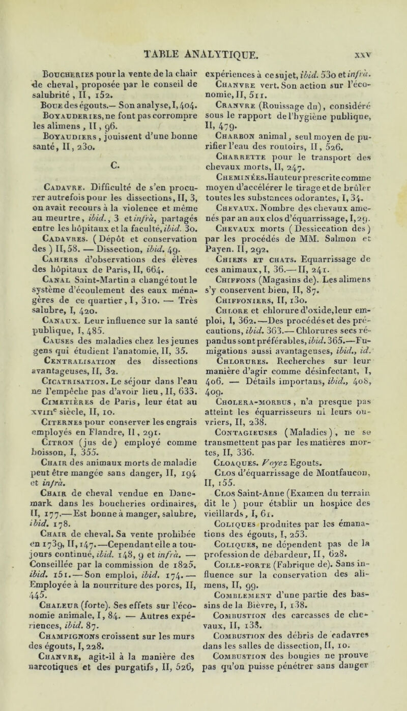 Boucheries pour la vente de la chair ■de cheval, proposée par le conseil de salubrité , II, i52. Botje des égouts.— Son analyse, 1,4o4« BoYAUDERiEs.ne font pas corrompre les alimens , II, 96. Boyaudiers , jouissent d’une bonne santé, II, a3o. C. Cadavre. Difficulté de s’en procu- rer autrefois pour les dissections, II, 3, on avait recours à la violence et même au meurtre, ibid., 3 et infra, partagés entre les hôpitaux et la faculté, ibid. 3o. Cadavres. ( Dépôt et conservation des ) II, 58. — Dissection, ibid. 49. Cahiers d’observations des élèves des hôpitaux de Paris, II, 664. Canal Saint-Martin a changé tout le système d’écoulement des eaux ména- gères de ce quartier, I, 310. — Très salubre, I, 420. Canaux. Leur influence sur la santé publique, I, 485. Causes des maladies chez les jeunes gens qui étudient l’anatomie, II, 35. Centralisation des dissections avantageuses, II, 32. Cicatrisation. Le séjour dans l’eau ne l’empêche pas d’avoir lieu, II, 633. Cimetières de Paris, leur état au xvme siècle, II, 10. Citernes pour conserver les engrais employés en Flandre, II, 291. Citron (jus de) employé comme boisson, I, 355. Chair des animaux morts de maladie peut être mangée sans danger, II, 194 et infra. Chair de cheval vendue en Dane- mark dans les boucheries ordinaires, II, 177.— Est bonne à manger, salubre, ibid. 178. Chair de cheval. Sa vente prohibée en 1739, II, 147.—Cependantelle a tou- jours continué, ibid. 148, 9 et infra. — Conseillée par la commission de 1825. ibid. i5i. — Son emploi, ibid. 174* — Employée à la nourriture des porcs, II, >45. Chaleur (forte). Ses effets sur l’éco- nomie animale, I, 84. — Autres expé- riences, ibid. 87. Champignons croissent sur les murs des égouts, 1,228. Chanvre, agit-il à la manière des narcotiques et des purgatifs, II, 526, expériences à ce sujet, ibid. 53o et infra. Chanvre vert. Son action sur l’éco- nomie, II, 5ir. Cranvre (Rouissage du), considéré sous le rapport de l'hygiène publique, 479* Charbon animal, seul moyen de pu- rifier l’eau des routoirs, II, 526. Charrette pour le transport des chevaux morts, II, 247. CiiEMiNÉEs.Hauteur prescrite comme moyen d’accélérer le tirage et de brûler toutes les substances odorantes, I, 3 4. Chevaux. Nombre des chevaux ame- nés par an auxelosd’équarrissage, 1,29. Chevaux morts (Dessiccation des) par les procédés de MM. Salmon et Payen. II, 292, Chiens et chats. Equarrissage de ces animaux,I, 36.— II, 241. Chiffons (Magasins de). Les alimens s’y conservent bien, II, 87. Chiffoniers, II, i3o. Chlore et chlorure d’oxide,leur em- ploi, I, 362.—Des procédéset des pré- cautions, ibid. 363.— Chlorures secs ré- pandus sont préférables, ibid. 365.—Fu- migations aussi avantageuses, ibid., id. Chlorures. Recherches sur leur manière d’agir comme désinfectant, I, 406. — Détails importans, ibid., 40S, 409. Cholera-morbus , n’a presque pas atteint les équarrisseurs ni leurs ou- vriers, II, 238. Contagieuses (Maladies), ne se transmettent pas par les matières mor- tes, II, 336. Cloaques. Voyez Egouts. Clos d’équarrissage de Montfaucon, II, 155. Clos Saint-Anne (Examen du terrain dit le ) pour établir un hospice des vieillards, I, 61. Coliques produites par les émana- tions des égouts, I, 253. Coliques, ne dépendent pas de la profession de débardeur, II, 628. Colle-forte (Fabrique de). Sans in- fluence sur la conservation des ali- mens, II, 99. Comblement d’une partie des bas- sins de la Bièvre, I, i38. Combustion «les carcasses de che- vaux, II, i3S. Combustion des débris de cadavres dans les salles de dissection, II, 10. Combustion des bougies ne prouve pas qu’on puisse pénétrer sans danger