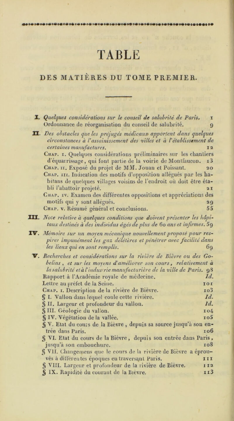 **«^3**»»<e«***4Be«»»* ««*»•<>» ?••«*•<>«» o * cm **«*»• »eo^»« »»»•••#♦#• TABLE DES MATIÈRES DU TOME PREMIER. Z. Quelques considérations sur le conseil de salubrité de Paris. i Ordonnance de réorganisation du conseil de salubrité. 9 II. Des obstacles que les préjugés médicaux apportent clans quelques circonstances à l’assainissement des villes et à l'établissement de certaines manufactures. 12 CnAr. 1. Quelques considérations préliminaires sur les chantiers d'équarrissage, qui font partie de la voirie de Montfaucon. i3 Chat. xi. Exposé du projet de MM. Jouan et Poissant. 20 CHAr. ut. Indication des motifs d’opposition allégués par les ba- il 1 fans de quelques villages voisins de l’endroit où doit être éta- bli l’abattoir projeté. 21 Chai*, iv. Examen des différentes oppositions et appréciations des motifs qui y sont allégués. 29 CHAr. v. Résumé général et conclusions. 55 III. IV. Note relative à quelques conditions que doivent présenter les hôpi- taux destinés à des individus âgés de plus de 60 ans et infirmes. 5g Mémoire sur un moyen mécanique nouvellement proposé pour res- pirer impunément les gaz délétères et pénétrer avec facilité dans les lieux qui en sont remplis. 69 V. Recherches et considérations sur la rivière de Bièvre ou des Go- belins , et sur les moyens daméliorer son cours, relativement à la salubrité et à l'indus*rie manufacturière de la ville de Paris. 98 Rapport à l’Académie royale de médecine. ld. Lettre au préfet de la Seine. 101 Chap. 1. Description de la rivière de Bièvre. io3 § I. Vallon dans lequel coule cette rivière. Id. § II. Largeur et profondeur du vallon. ld. § III. Géologie du vallon. 104 § IV. Végétation de la vallée. io5 § V. Etat du cours de la Bièvre , depuis sa source jusqu’à son en- trée dans Paris. 106 § VI. Etat du cours de la Bicvre, depuis son entrée dans Paris, jusqu’à son embouchure. 108 § VII. Changernens que le cours de la rivière de Bièvre a éprou- vés à différentes époques eu traversant Paris. X11 § VIII. Largeur et profondeur de la rivière de Bièvre. 1x2 5 IX. Rapidité du courant de la Bièvre. n3