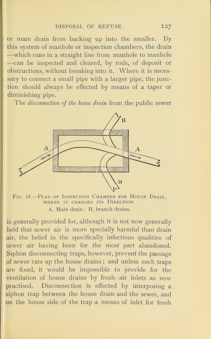 or main drain from backing up into the smaller. By this system of manhole or inspection chambers, the drain —which runs in a straight line from manhole to manhole —can be inspected and cleared, by rods, of deposit or obstructions, without breaking into it. Where it is neces- sary to connect a small pipe with a larger pipe, the junc- tion should always be effected by means of a taper or diminishing pipe. The disconnection of the house drain from the public sewer Fig. 18.—Plan of Inspection Chamber for House Drain, WHERE IT CHANGES ITS DIRECTION. A, Main drain ; B, branch drains. is generally provided for, although it is not now generally held that sewer air is more specially harmful than drain air, the belief in the specifically infectious qualities of sewer air having been for the most part abandoned. Siphon disconnecting traps, however, prevent the passage of sewer rats up the house drains ; and unless such traps are fixed, it would be impossible to provide for the ventilation of house drains by fresh - air inlets as now practised. Disconnection is effected by interposing a siphon trap between the house drain and the sewer, and on the house side of the trap a means of inlet for fresh