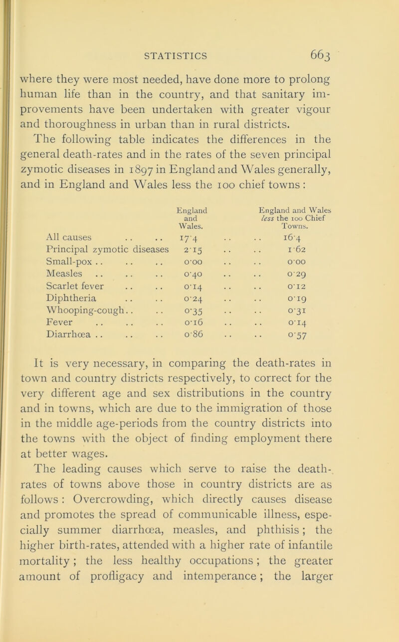 where they were most needed, have done more to prolong human life than in the country, and that sanitary im- provements have been undertaken with greater vigour and thoroughness in urban than in rural districts. The following table indicates the differences in the general death-rates and in the rates of the seven principal zymotic diseases in 1897 in England and Wales generally, and in England and Wales less the 100 chief towns : England England and Wales and less the ioo Chief Wales. Towns. All causes 174 164 Principal zymotic diseases 215 I 62 Small-pox O'OO OOO Measles 0-40 029 Scarlet fever o’I4 012 Diphtheria 024 OIQ Whooping-cough o'35 031 Fever o-i6 0U4 Diarrhoea .. 086 0-57 It is very necessary, in comparing the death-rates in town and country districts respectively, to correct for the very different age and sex distributions in the country and in towns, which are due to the immigration of those in the middle age-periods from the country districts into the towns with the object of finding employment there at better wages. The leading causes which serve to raise the death- rates of towns above those in country districts are as follows : Overcrowding, which directly causes disease and promotes the spread of communicable illness, espe- cially summer diarrhoea, measles, and phthisis; the higher birth-rates, attended with a higher rate of infantile mortality; the less healthy occupations; the greater amount of profligacy and intemperance; the larger