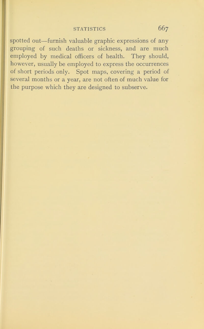 spotted out—furnish valuable graphic expressions of any grouping of such deaths or sickness, and are much employed by medical officers of health. They should, however, usually be employed to express the occurrences of short periods only. Spot maps, covering a period of several months or a year, are not often of much value for the purpose which they are designed to subserve.