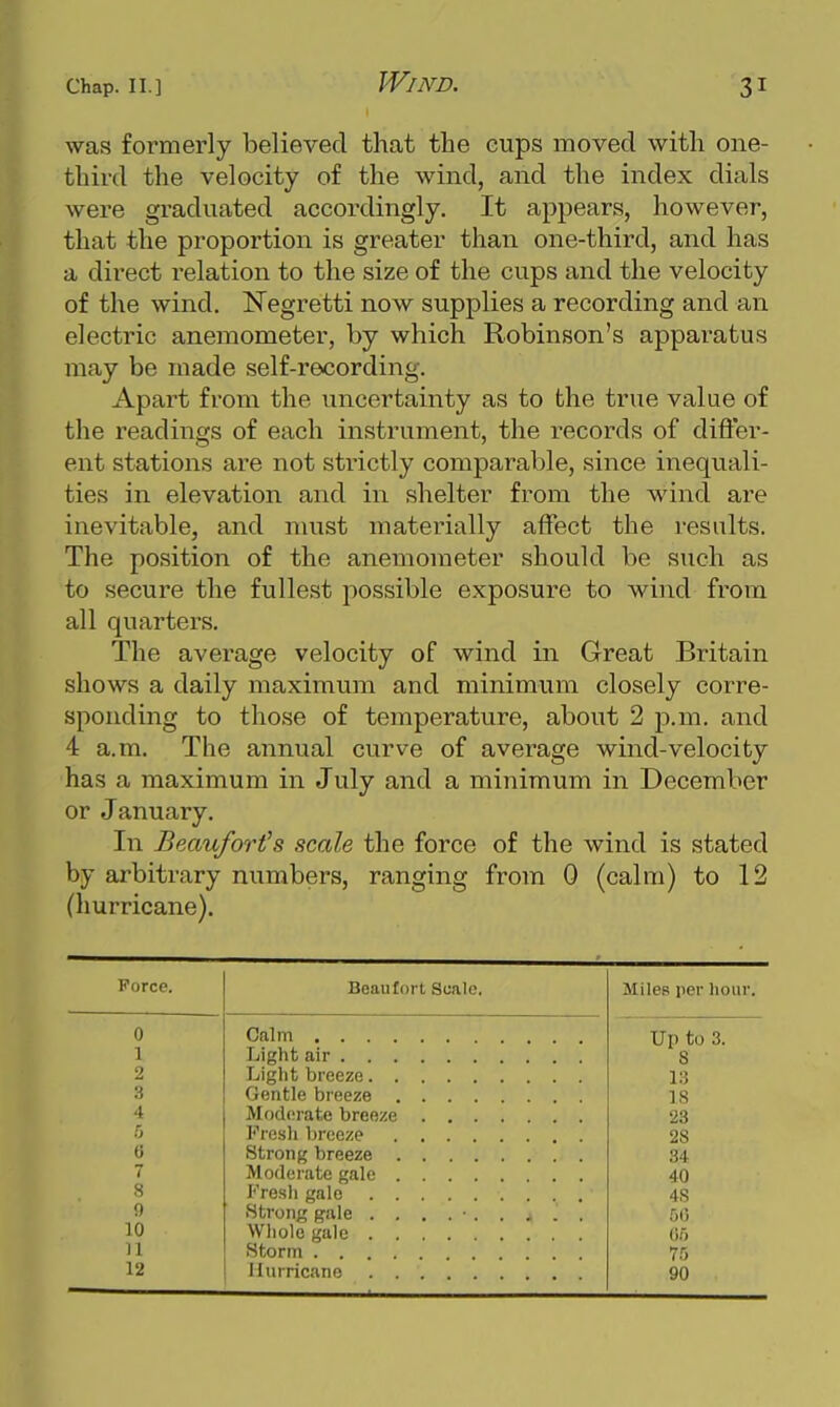 Wind. was formerly believed that the cups moved with one- third the velocity of the wind, and the index dials were graduated accordingly. It appears, however, that the proportion is greater than one-third, and has a direct relation to the size of the cups and the velocity of the wind. Negretti now supplies a recording and an electric anemometer, by which Robinson's apparatus may be made self-recording. Apart from the uncertainty as to the true value of the readings of each instrument, the records of differ- ent stations are not strictly comparable, since inequali- ties in elevation and in shelter from the wind are inevitable, and nuist materially affect the results. The position of the anemometer should be such as to secure the fullest possible exposure to wind from all quarters. The average velocity of wind in Great Britain shows a daily maximum and minimum closely corre- sponding to those of temperature, about 2 p.m. and 4 a.m. The annual curve of average wind-velocity has a maximum in July and a minimum in December or January. In Beauforis scale the force of the wind is stated by arbitrary numbers, ranging from 0 (calm) to 12 (hurricane). Force. Beaufort Scale. Miles per hour. 0 Up to 3. 1 8 2 13 3 18 4 23 .0 Fresh breeze 28 0 Strong breeze 34 7 Moderate gale 40 8 Fresh gale 4S 9 .00 10 Gj) 11 12 90