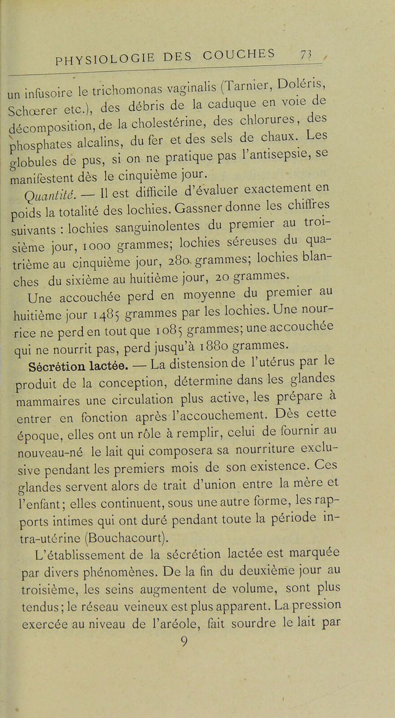 un infusoire le trichomonas vaginalis (Tarnier, Doléris, Schœrer etc.), des débris de la caduque en voie de décomposition, de la cholestérine, des chlorures, des phosphates alcalins, du fer et des sels de chaux. Les globules de pus, si on ne pratique pas l'antisepsie, se manifestent dès le cinquième jour. Quantité. — Il est difficile d'évaluer exactement en poids la totalité des lochies. Gassner donne les chiffies suivants : lochies sanguinolentes du premier au troi- sième jour, looo grammes; lochies séreuses du qua- trième au cinquième jour, 280. grammes; lochies blan- ches du sixième au huitième jour, 20 grammes. ^ Une accouchée perd en moyenne du premier au huitième jour 1485 grammes par les lochies. Une nour- rice ne perd en tout que 1085 grammes; une accouchée qui ne nourrit pas, perd jusqu'à 1880 grammes. Sécrétion lactée. — La distension de l'utérus par le produit de la conception, détermine dans les glandes mammaires une circulation plus active, les prépare à entrer en fonction après l'accouchement. Dès cette époque, elles ont un rôle à remplir, celui de fournir au nouveau-né le lait qui composera sa nourriture exclu- sive pendant les premiers mois de son existence. Ces glandes servent alors de trait d'union entre la mère et l'enfant; elles continuent, sous une autre forme, les rap- ports intimes qui ont duré pendant toute la période in- tra-utérine (Bouchacourt). L'établissement de la sécrétion lactée est marquée par divers phénomènes. De la fin du deuxième jour au troisième, les seins augmentent de volume, sont plus tendus ; le réseau veineux est plus apparent. La pression exercée au niveau de l'aréole, fait sourdre le lait par 9