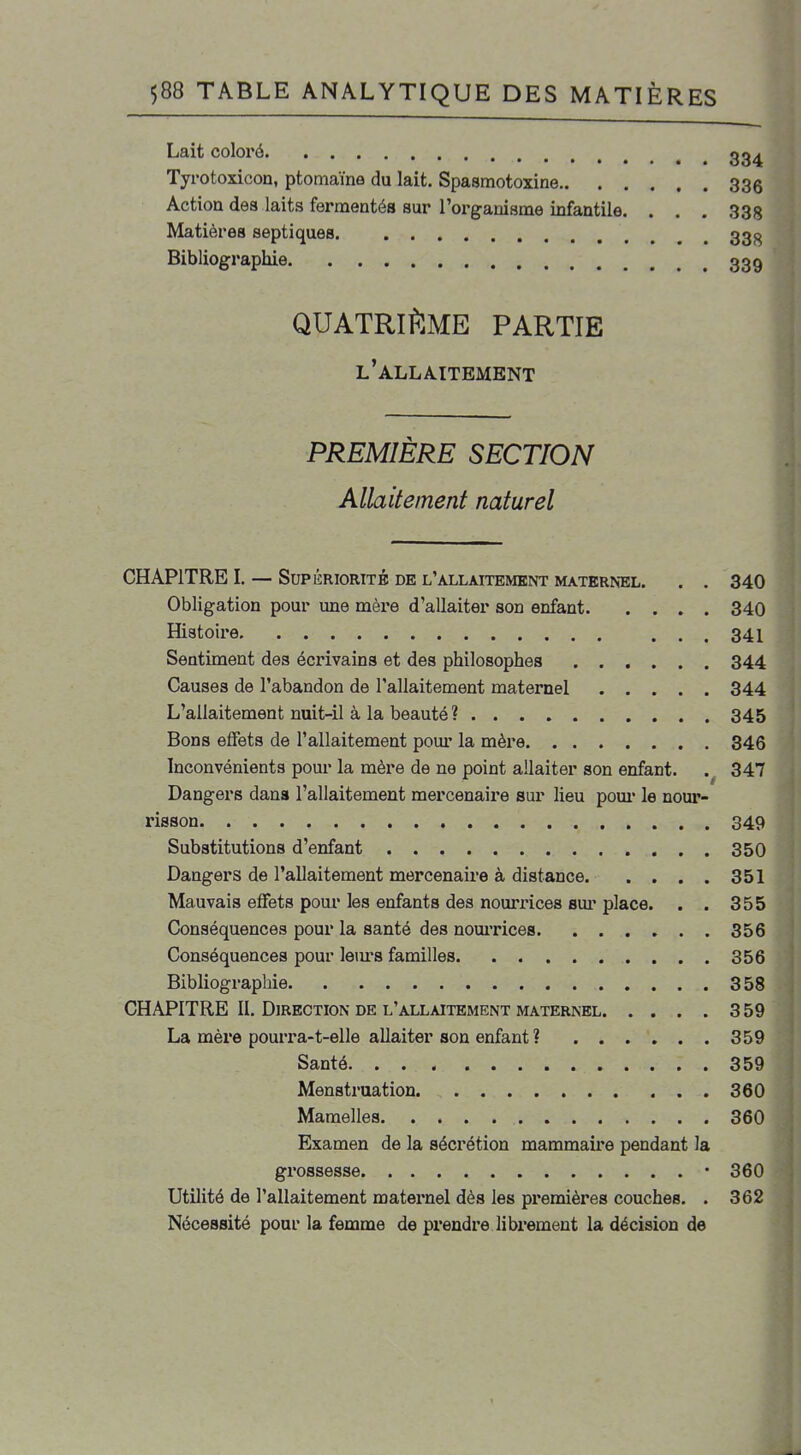 Lait coloré gg^ Tyrotoxicon, ptomaïna du lait. Spasmotoxine 336 Action des laits fermentés sur l'organisme infantile. . . . 338 Matières septiques 33^^ Bibliographie 339 QUATRIÈME PARTIE l'allaitement PREMIERE SECTION Allaitement naturel CHAPITRE I. — Supériorité de l'allaitement maternel. . . 340 Obligation pour une mère d'allaiter son enfant 340 Histoire ... 341 Sentiment des écrivains et des philosophes 344 Causes de l'abandon de l'allaitement maternel 344 L'allaitement nuit-il à la beauté ? 345 Bons effets de l'allaitement pour la mère 346 Inconvénients pour la mère de ne point allaiter son enfant. . 347 Dangers dans l'allaitement mercenaire sur lieu poui* le nour- risson 349 Substitutions d'enfant 350 Dangers de l'allaitement mercenaire à distance 351 Mauvais effets pour les enfants des nourrices sui' place. . . 355 Conséquences pour la santé des nouiTices 356 Conséquences pour leiu'S familles 356 Bibliographie 358 CHAPITRE II. Direction de l'allaitement maternel 359 La mèi*e pourra-t-elle allaiter son enfant ? 359 Santé 359 Menstruation 360 Mamelles 360 Examen de la sécrétion mammaire pendant la grossesse '360 Utilité de l'allaitement maternel dès les premières couches. . 362 Nécessité pour la femme de prendre libi'ement la décision de