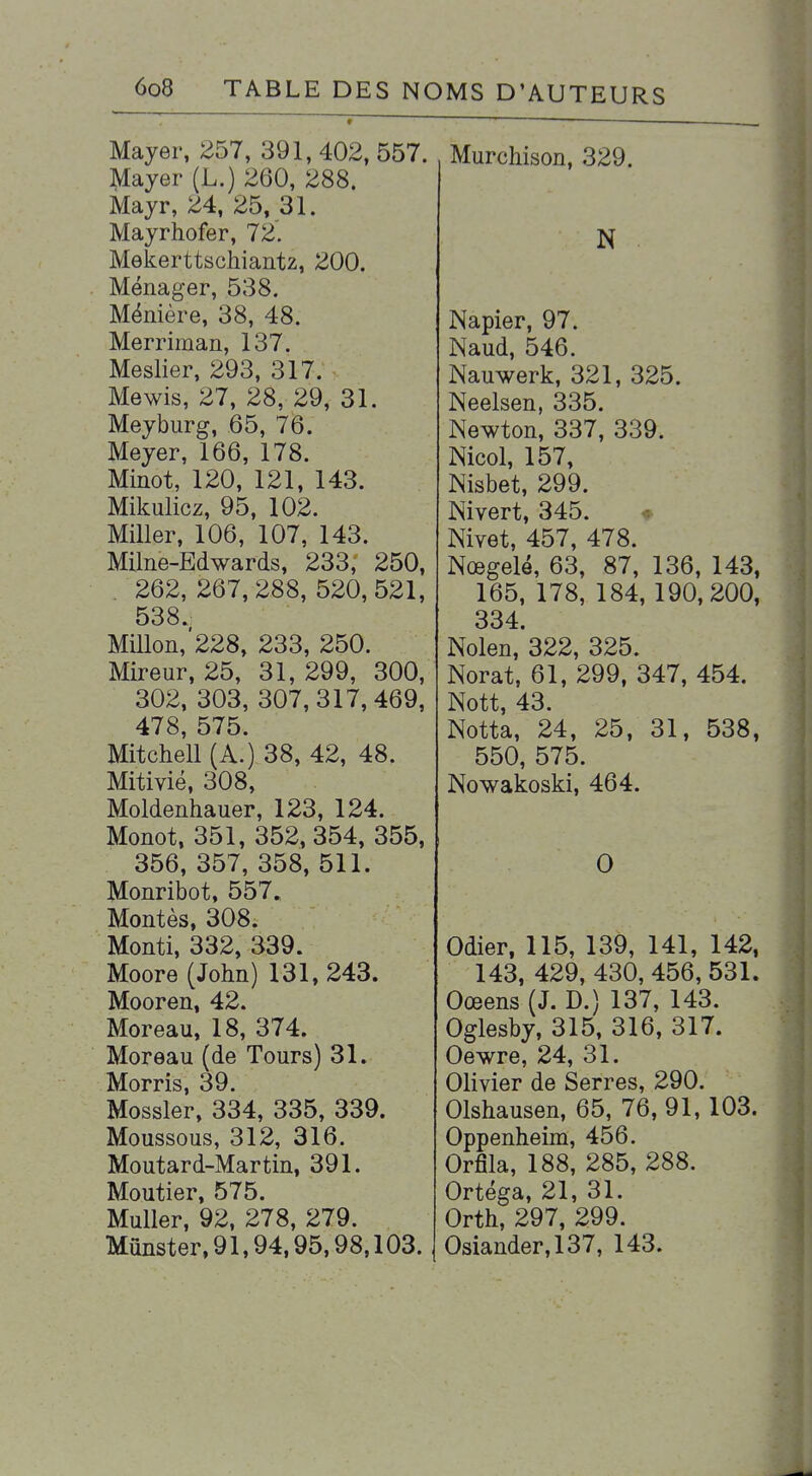 Mayer, 257, 391,402. 557. Mayer (L.) 260, 288. Mayr, 24, 25, 31. Mayrhofer, 72'. Mekerttschiantz, 200. Ménager, 538. Ménière, 38, 48. Merriman, 137. Meslier, 293, 317. Mewis, 27, 28, 29, 31. Meyburg, 65, 76. Meyer, 166, 178. Minot, 120, 121, 143. Mikulicz, 95, 102. Miller, 106, 107, 143. Milne-Edwards, 233, 250, . 262, 267,288, 520,521, 538. Mmon,'228, 233, 250. Mireur, 25, 31, 299, 300, 302, 303, 307,317, 469, 478 575. Mitchell (a) 38, 42, 48. Mitivié, 308, Moldenhauer, 123, 124. Monot, 351, 352, 354, 355, 356, 357, 358, 511. Monribot, 557. Montés, 308. Monti, 332, 339. Moore (John) 131.243. Mooren, 42. Moreau, 18, 374. Moreau (de Tours) 31. Morris, 39. Mossler, 334, 335, 339. Moussous, 312, 316. Moutard-Martin, 391. Moutier, 575. Muller, 92, 278, 279. Munster, 91,94,95,98,103. Murchison, 329. N Napier, 97. Naud, 546. Nauwerk, 321, 325. Neelsen, 335. Newton, 337, 339. Nicol, 157, Nisbet, 299. Nivert. 345. Nivet, 457, 478. Nœgelé, 63, 87, 136, 143, 165, 178, 184, 190,200. 334. Nolen,*322, 325. Norat, 61, 299, 347, 454. Nott, 43. Notta, 24, 25, 31, 538, 550, 575. Nowakoski, 464. 0 Odier, 115, 139, 141, 142, 143,429,430,456,531. Oœens (J. D.) 137, 143. Oglesby, 315, 316, 317. Oewre, 24, 31. Olivier de Serres, 290. Olshausen, 65, 76, 91,103. Oppenheim, 456. Orfîla, 188, 285, 288. Ortéga, 21, 31. Orth, 297, 299. Osiander,137, 143.